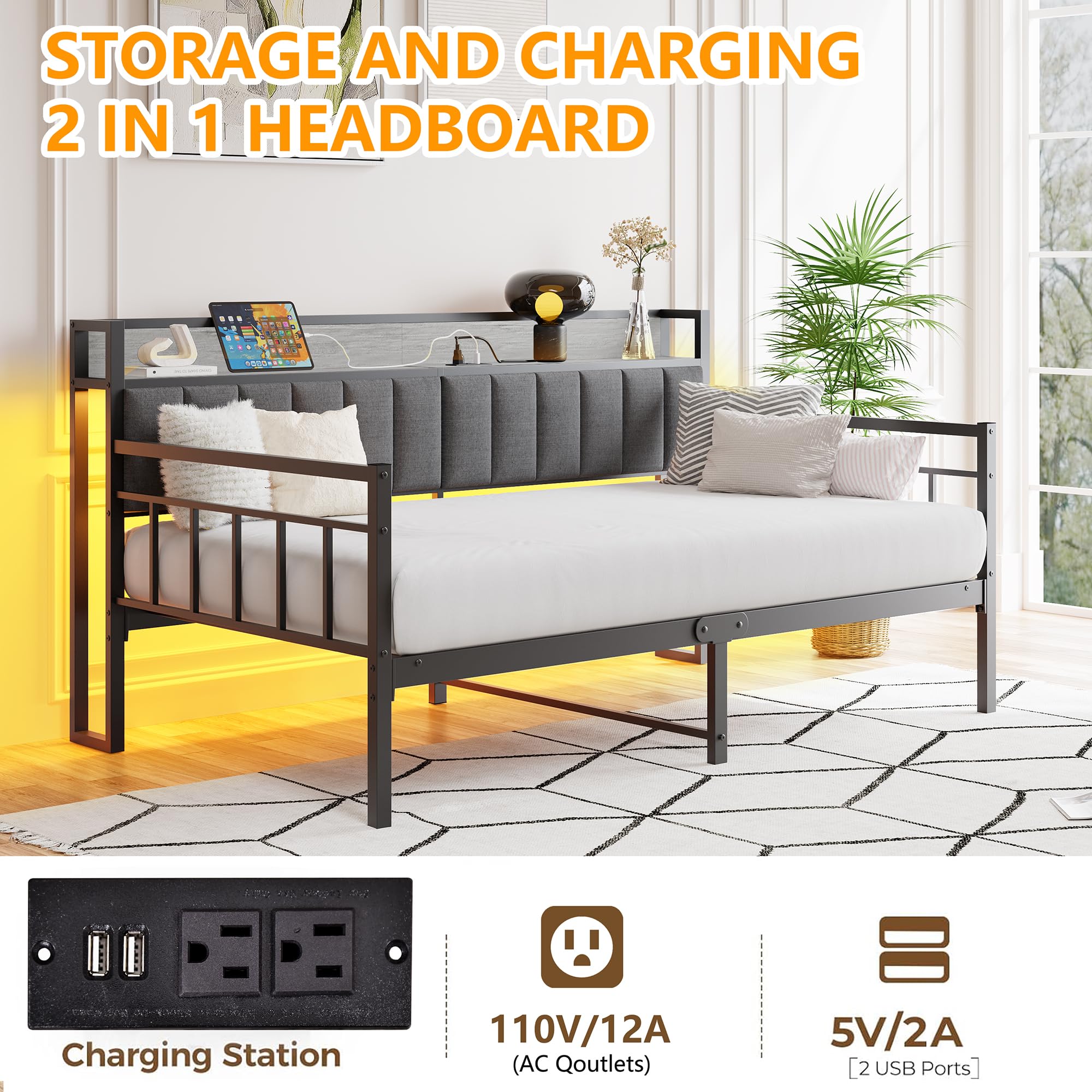 BOFENG Metal Daybed Frame Twin Size with Charging Station,LED Light,Metal Twin Bed Frame with Upholstered Headboard with Strong Steel Slats for Living Room,Bedroom and Guest Room