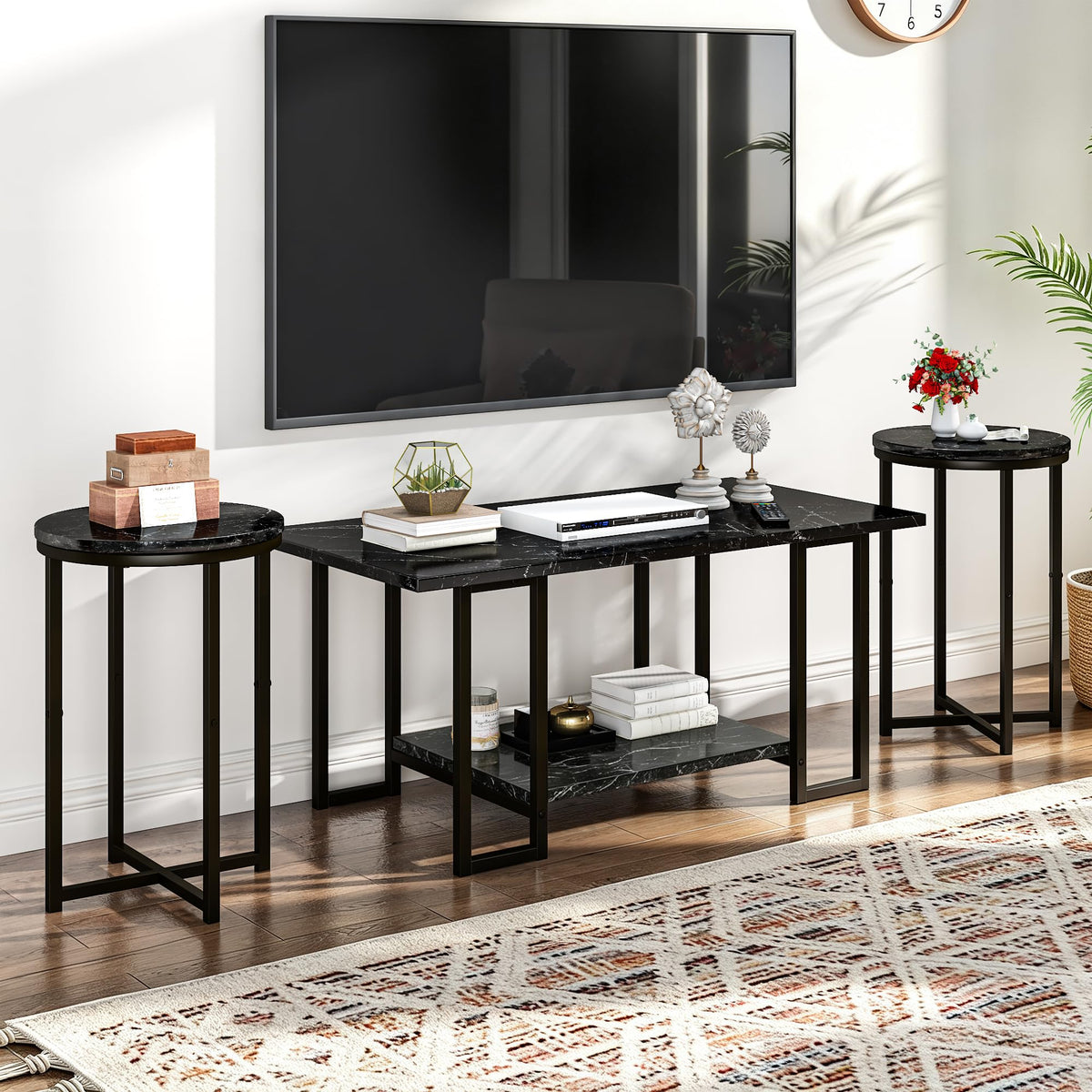 AWQM Coffee Table Set of 3, Faux Marble Living Room Table Set, Black