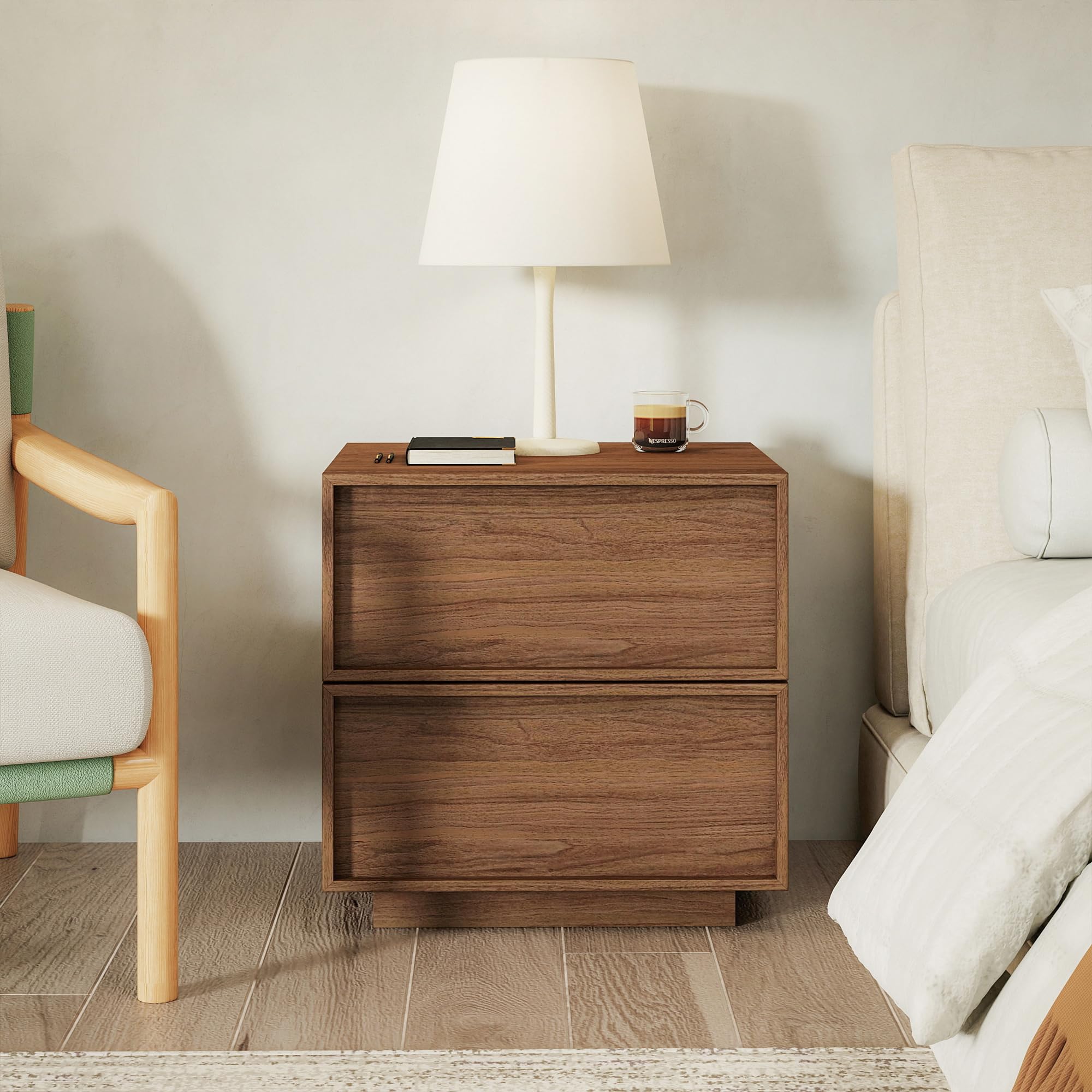 RYWI11OUSE Small Night Stand Set of 2 with 2 Drawers,Modern NightStand with Storage, Bedside Table for Bedroom, Walnut