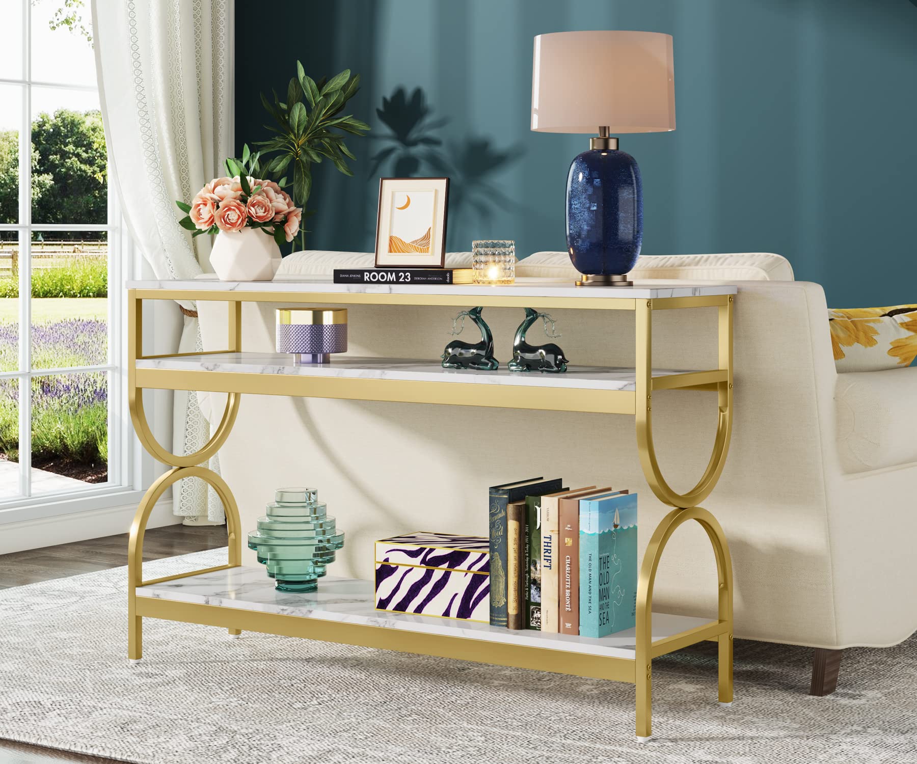 Tribesigns 3-Tier Console Table, 55 inch Sofa Table with Open Storage Shelves, Narrow Long Hallway/Entryway Table with Faux Marble Top for Home Living Room Entryway, White & Gold