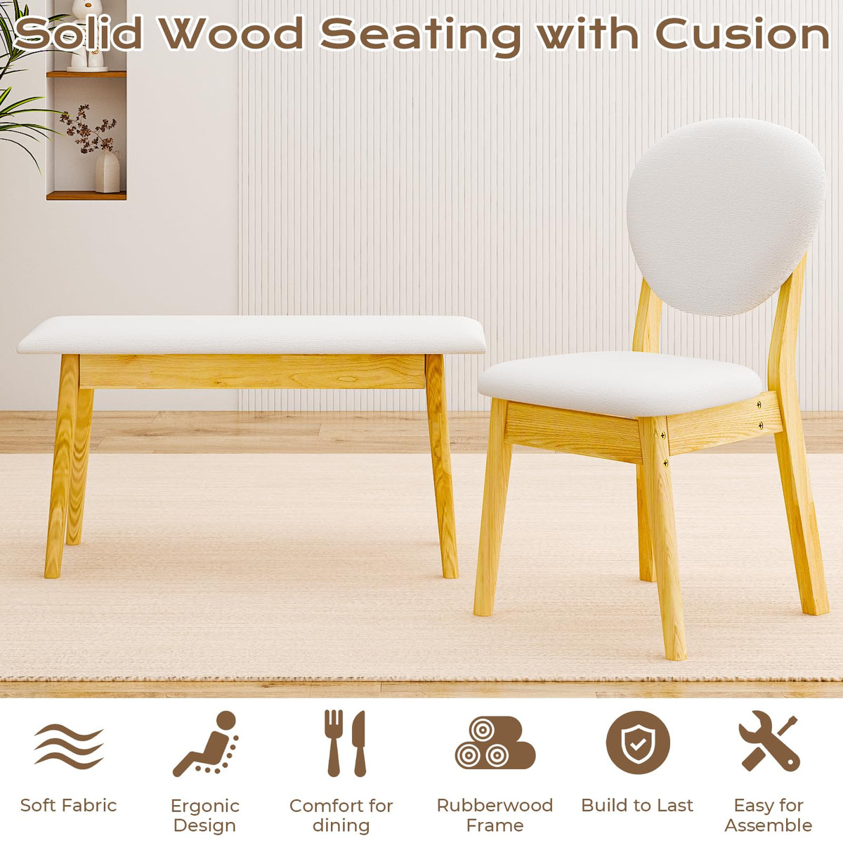 Karl home 4-Piece Farmhouse Dining Set, w/Bench&Chairs,Solidwood, Nature