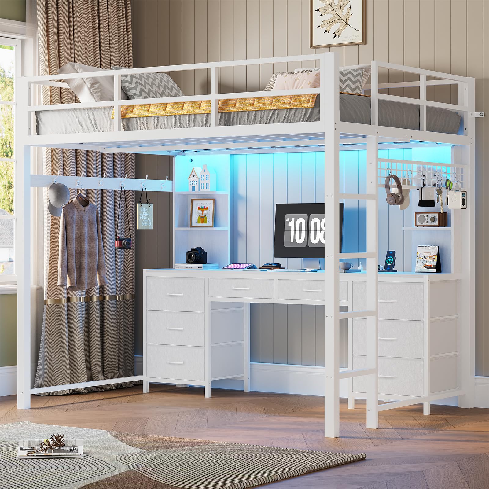 ADORNEVE Full Size Loft Bed with Desk and 8 Storage Drawers, Metal Loft Beds Full with LED Lights & Charging Sation, Heavy Duty Loft Bed Frame with 6 Storage Shelves, Space-Saving, Noise Free,White