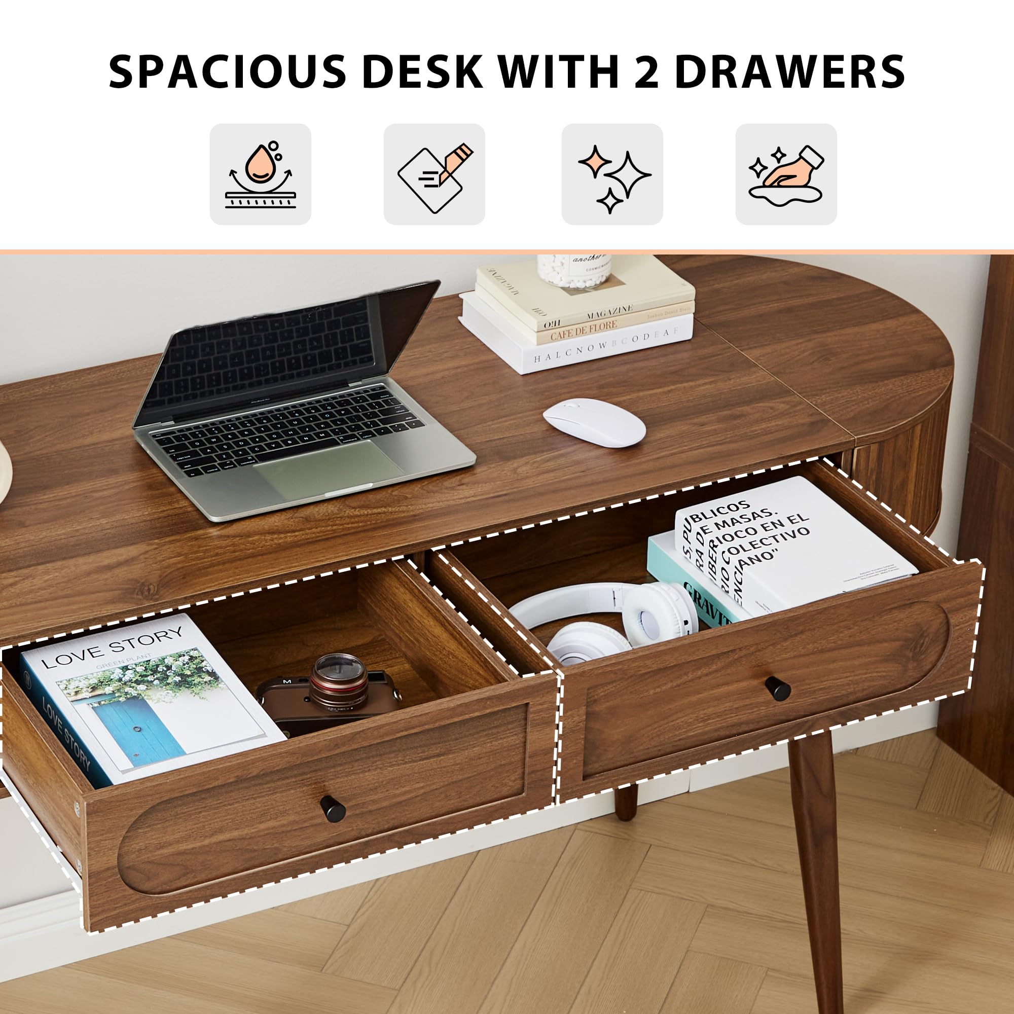 Mid-Century Oval Writing Desk with Drawers & Flip Storage