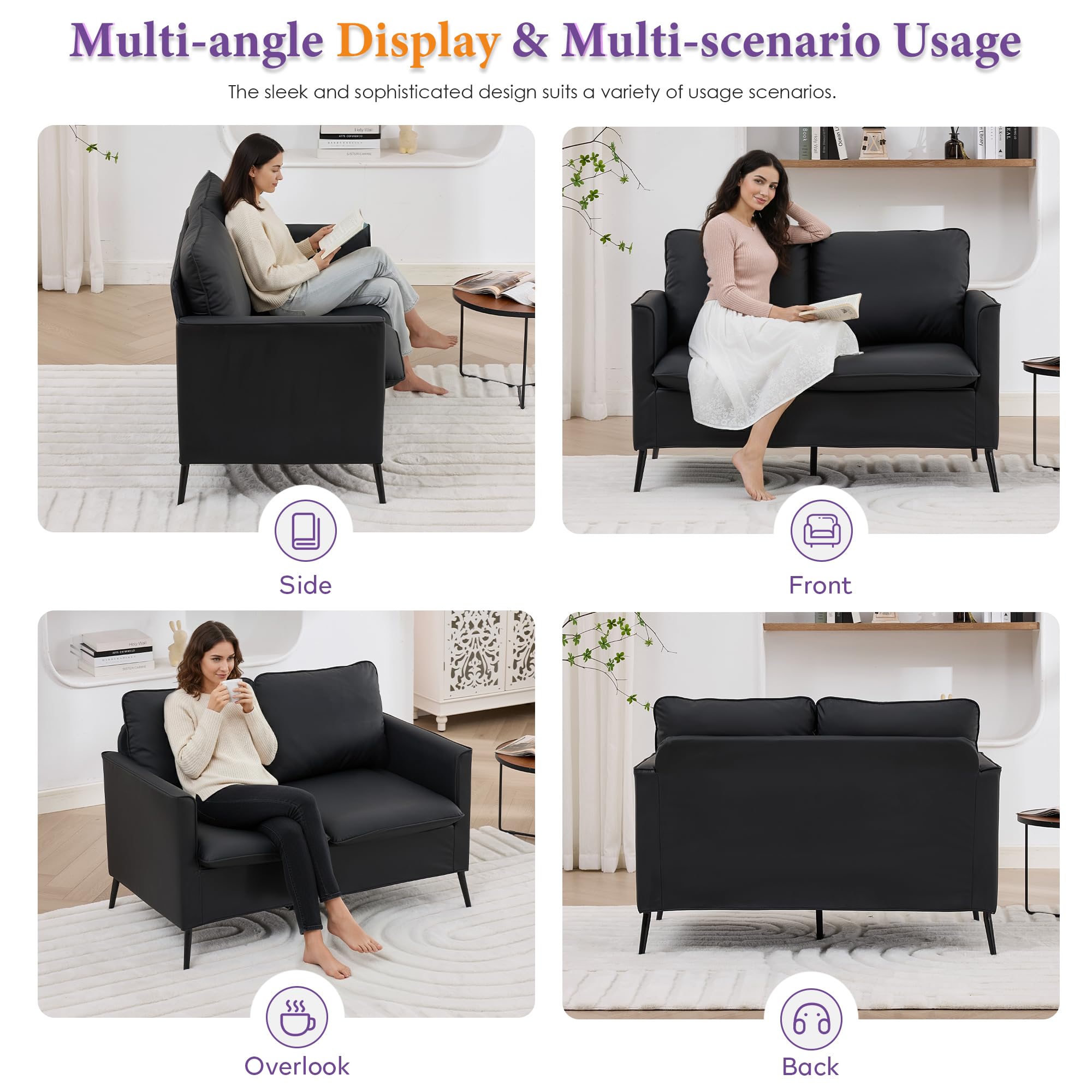 TYBOATLE Faux Leather Loveseat and Accent Chair, Comfy Love Seat Sofa and Chair Set with 2 Pillows, Mid-Century Modern 2 Seat Couches for Small Spaces, 2 Pieces Living Room Furniture Sets (3, Black)