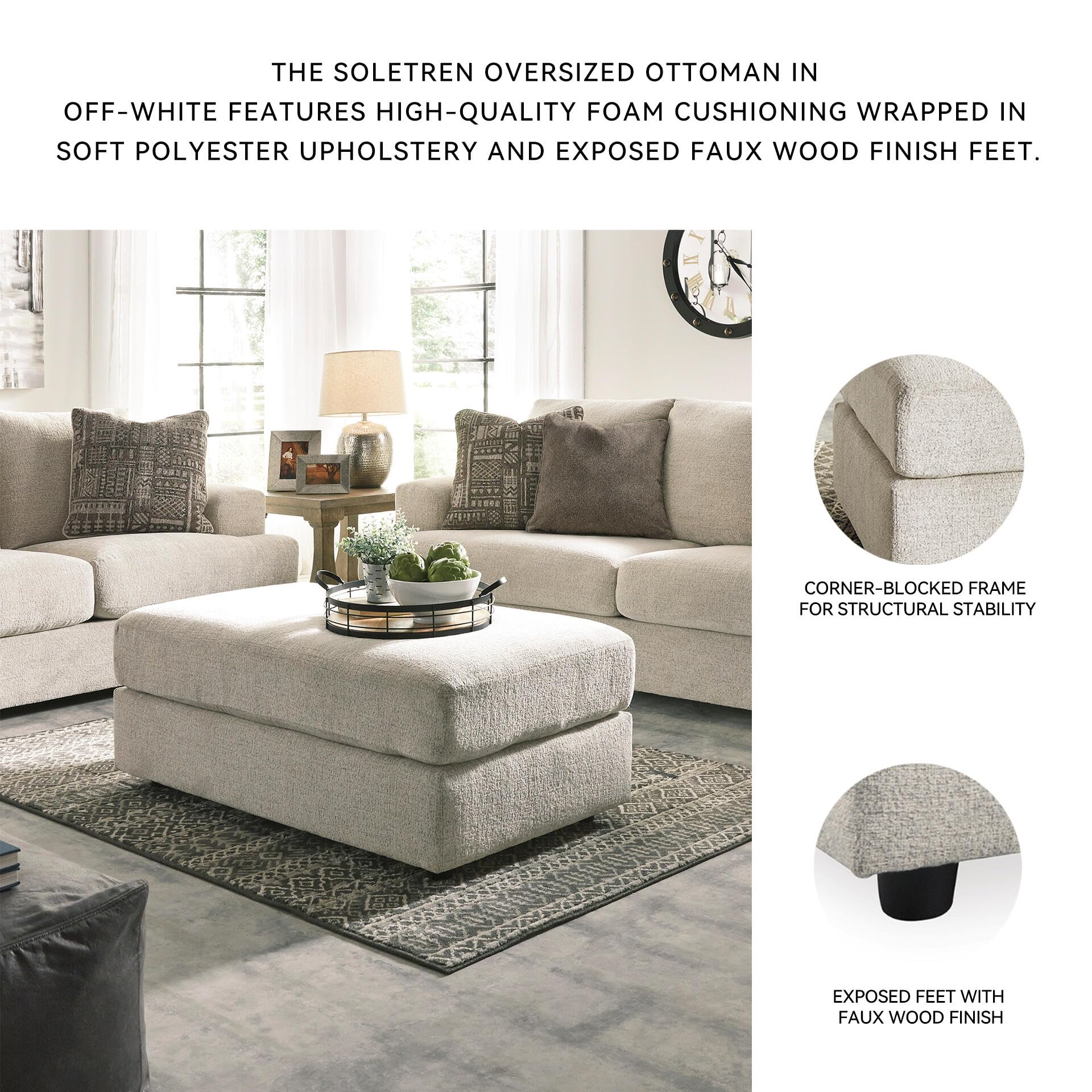 Signature Design by Ashley Soletren Contemporary Chenille Oversized Ottoman, Off-White