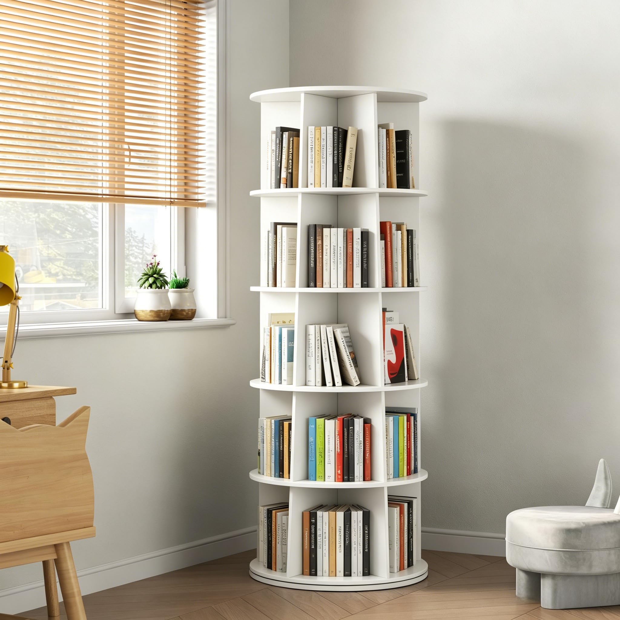 Gyfimoie Rotating Bookshelf Tower, 6-Tier Spining Corner Bookshelf 360°Revoving Bookcase Lazy Susan Storage Organizer for Kids Living Room (Pure White)