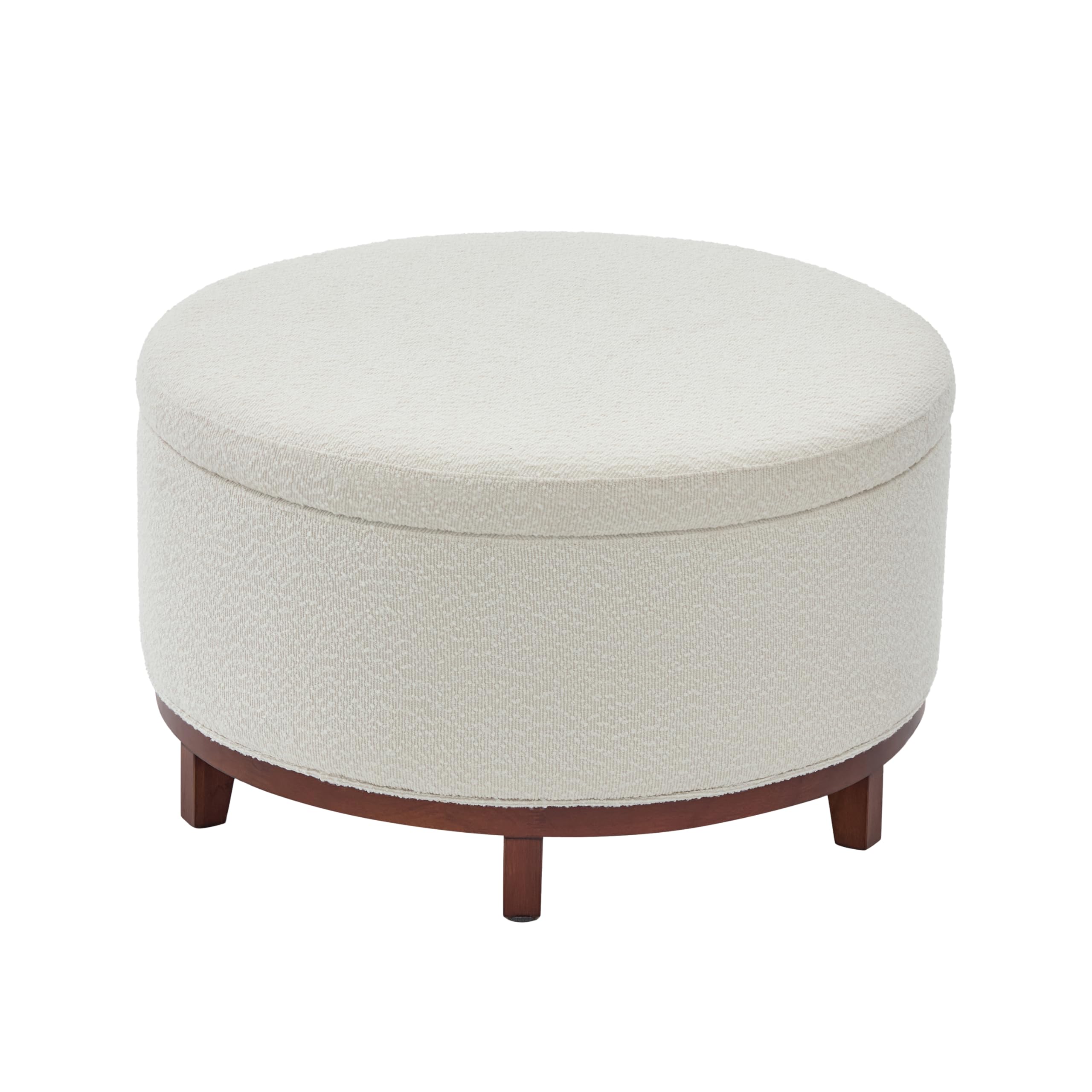 Christopher Knight Home Inla Modern Round Ottoman with Storage for Living Room, Lift-Lid Storage Ottoman Coffee Table, Boucle Upholstered Ottoman Foot Rest, Wooden Toy Box Storage, Light Beige+Brown