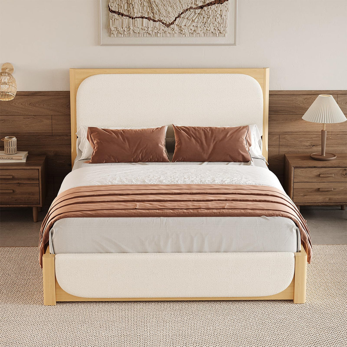 IMMERSTABLE Queen Bed Frame with Upholstered Boucle Headboard, White
