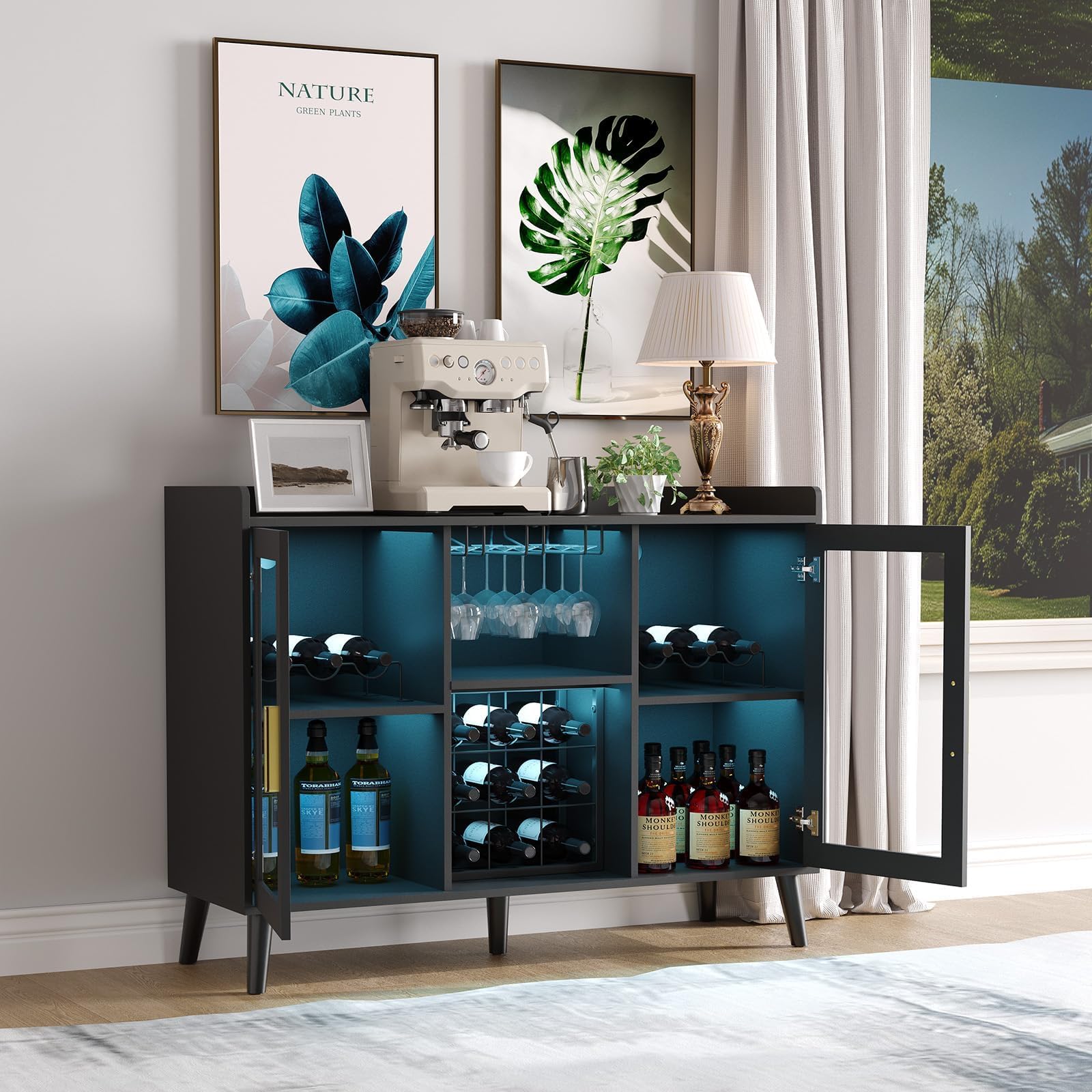 GAOMON Modern Wine Bar Cabinet with LED Lights - Freestanding Coffee & Liquor Storage Cabinet with Glass Holder, Wine Rack, and Doors, 47" Buffet Sideboard for Kitchen Living Dining Rooms, Black