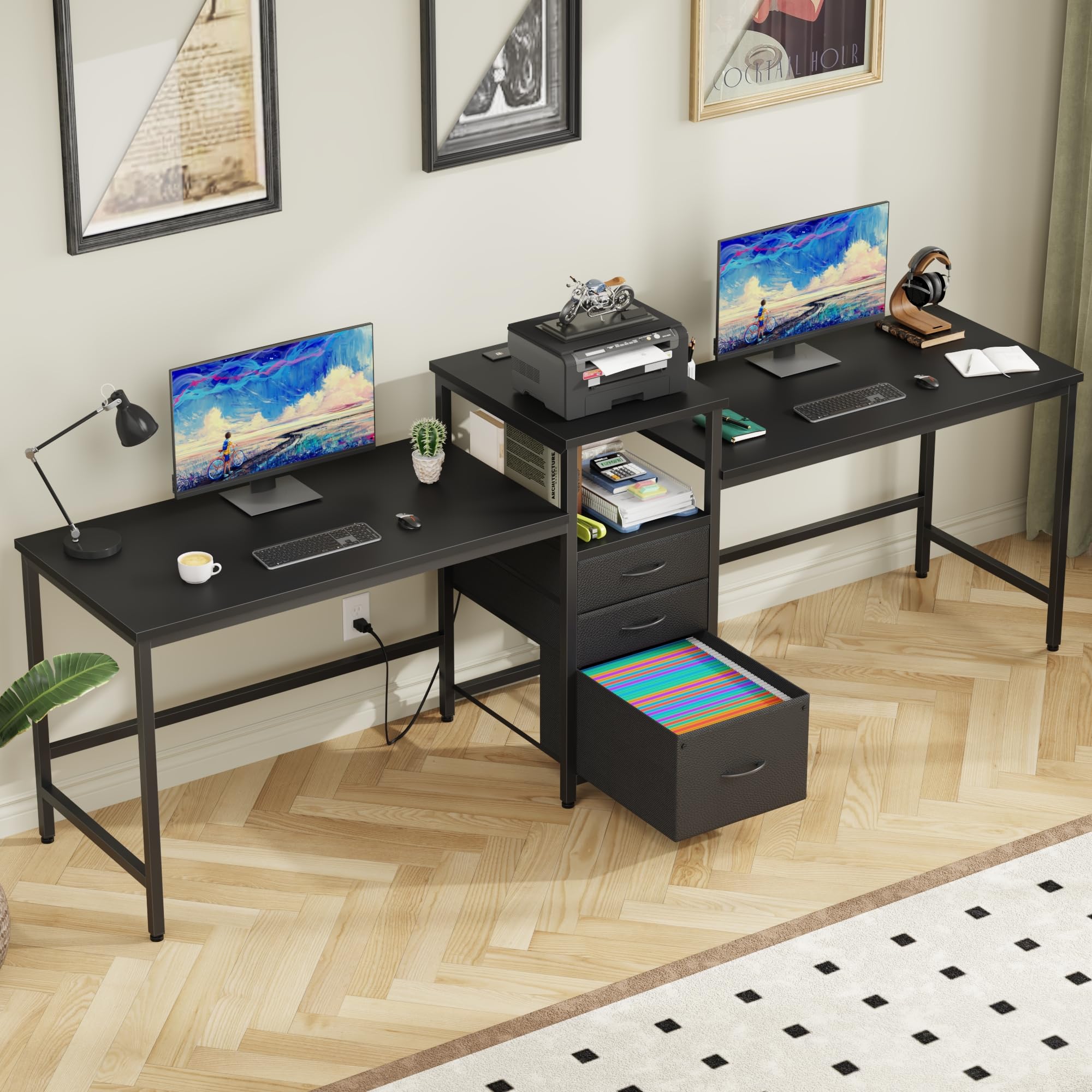 93" Two-Person Desk with Charging Station & 3 Drawers