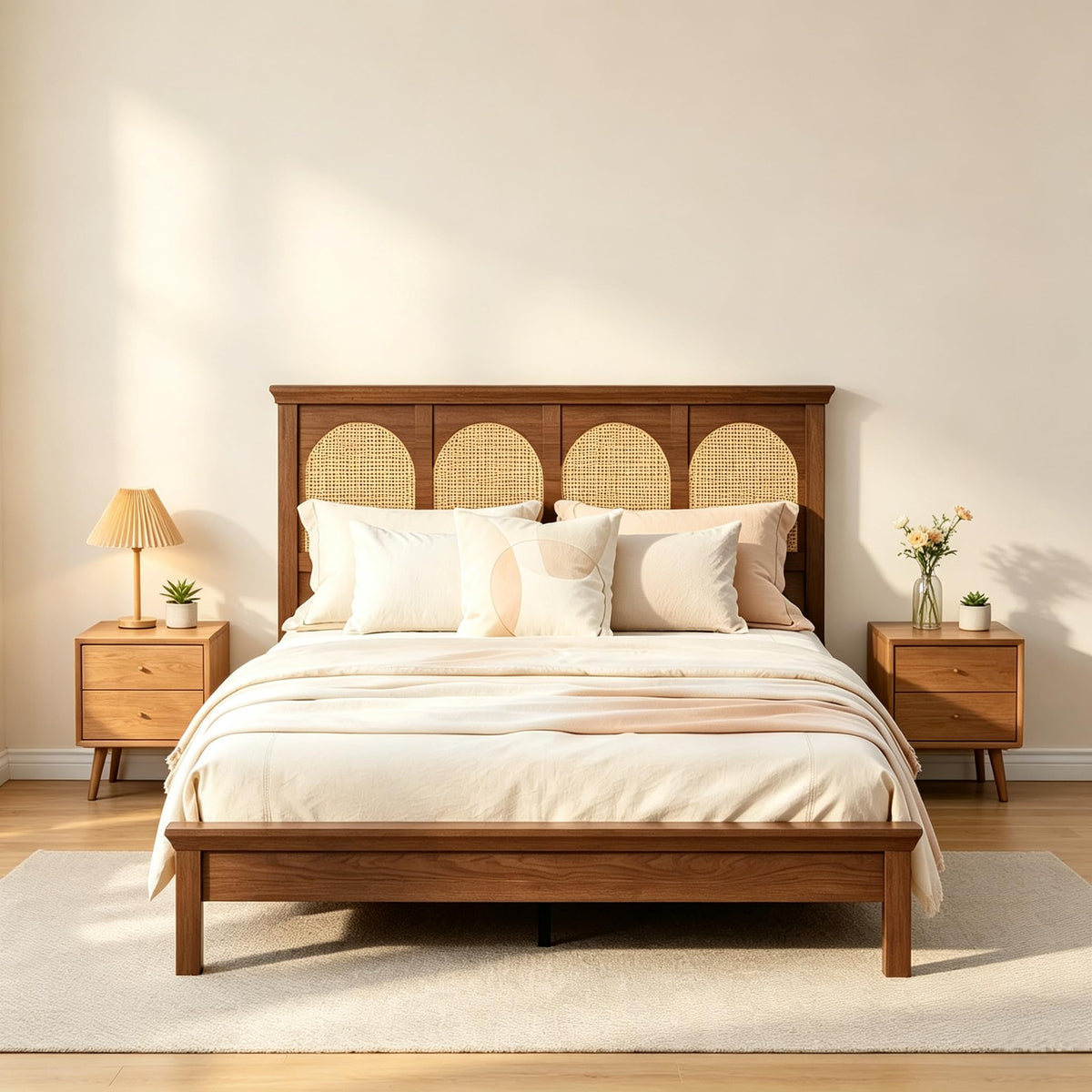 IDEALHOUSE Full Boho Rattan Bed Frame with Headboard and Wooden Platform