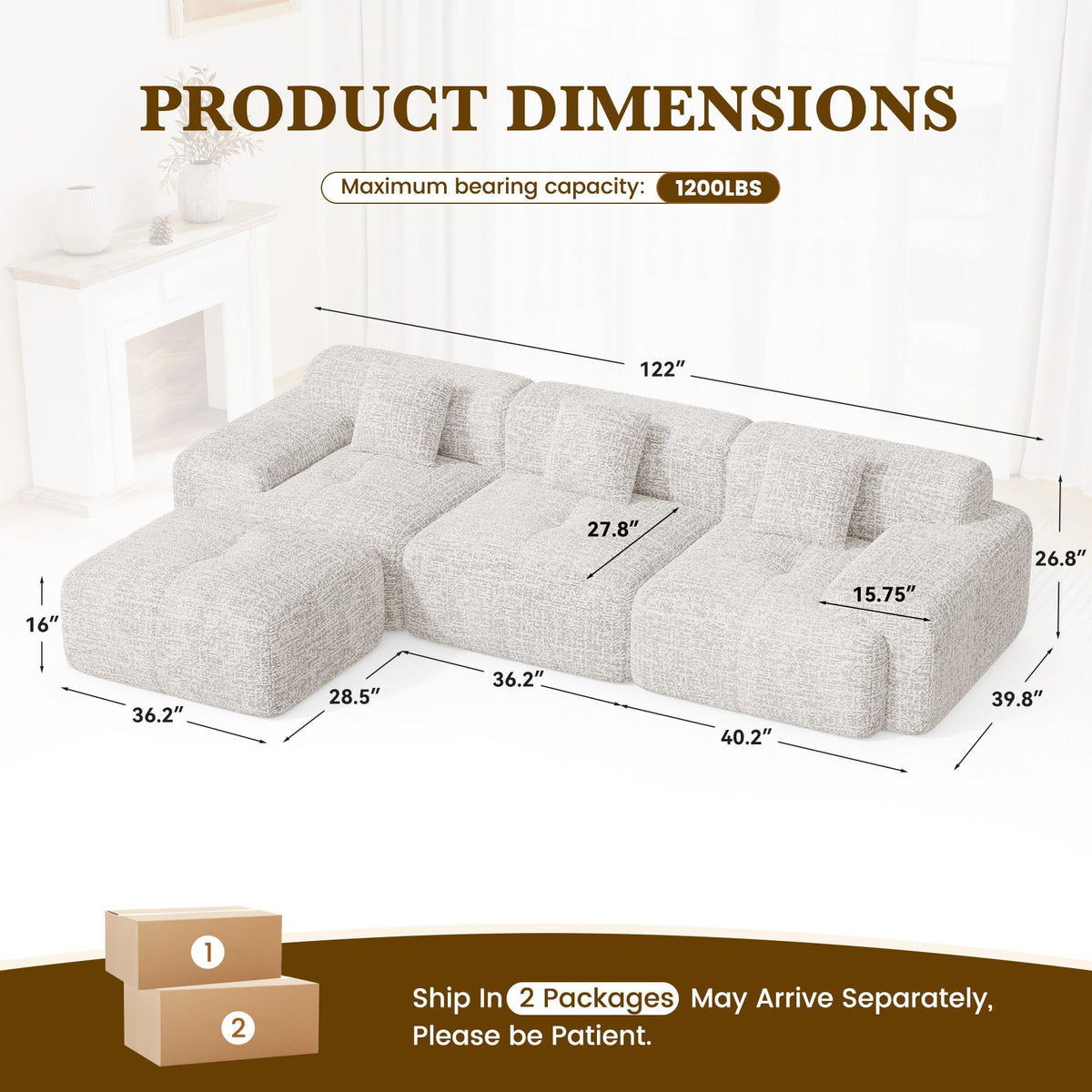 122" L Shaped Convertible Modular Couch, Cloud Couch Sectional with Ottoman, 4-Seater Chenille Boneless Couches for Living Room, Apartment, No Assembly, Beige 1PCS