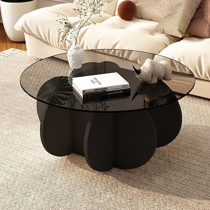 Round Glass Coffee Table with Wood Legs