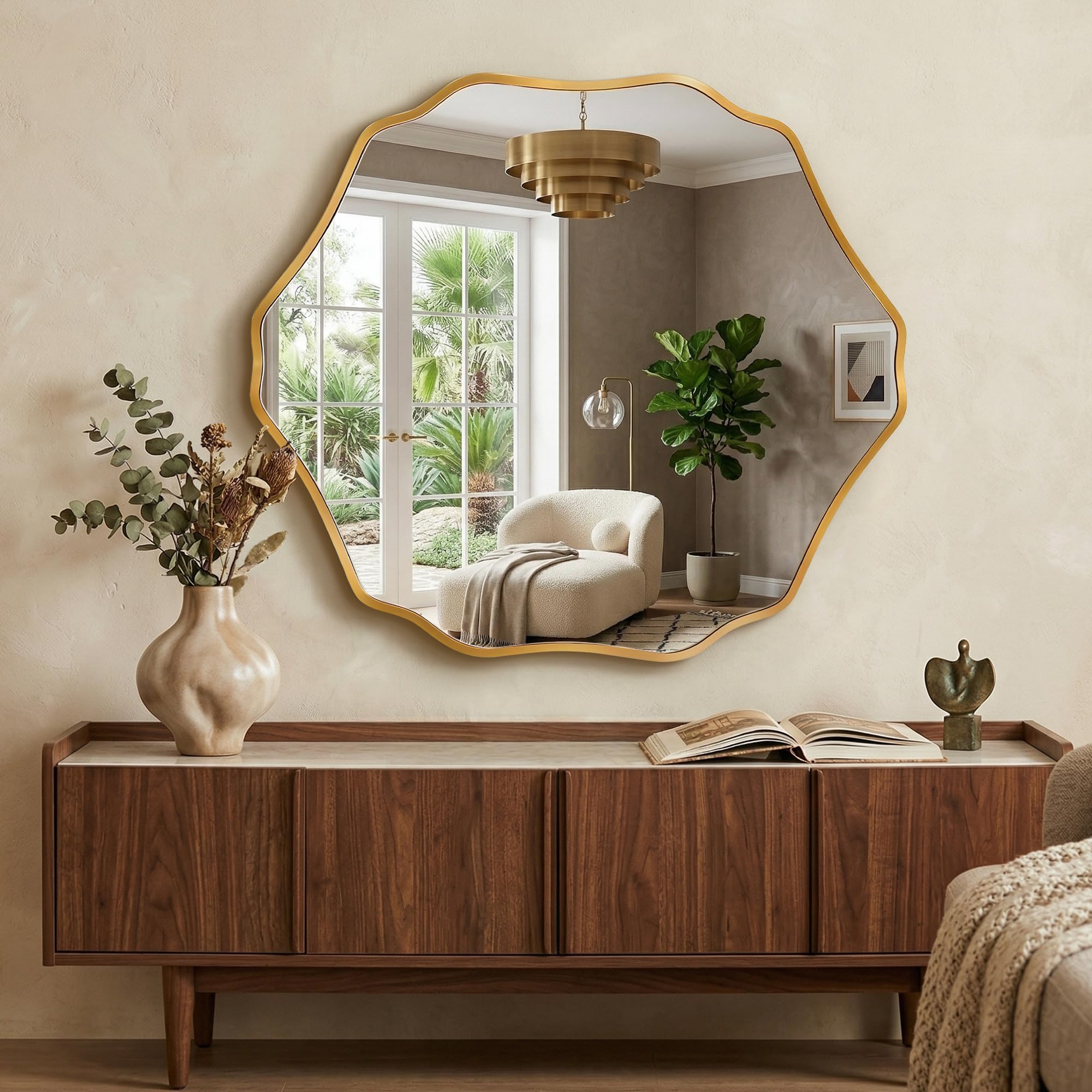 Hexagonal Wall Mirror with Wavy Edge & Brushed Gold Frame
