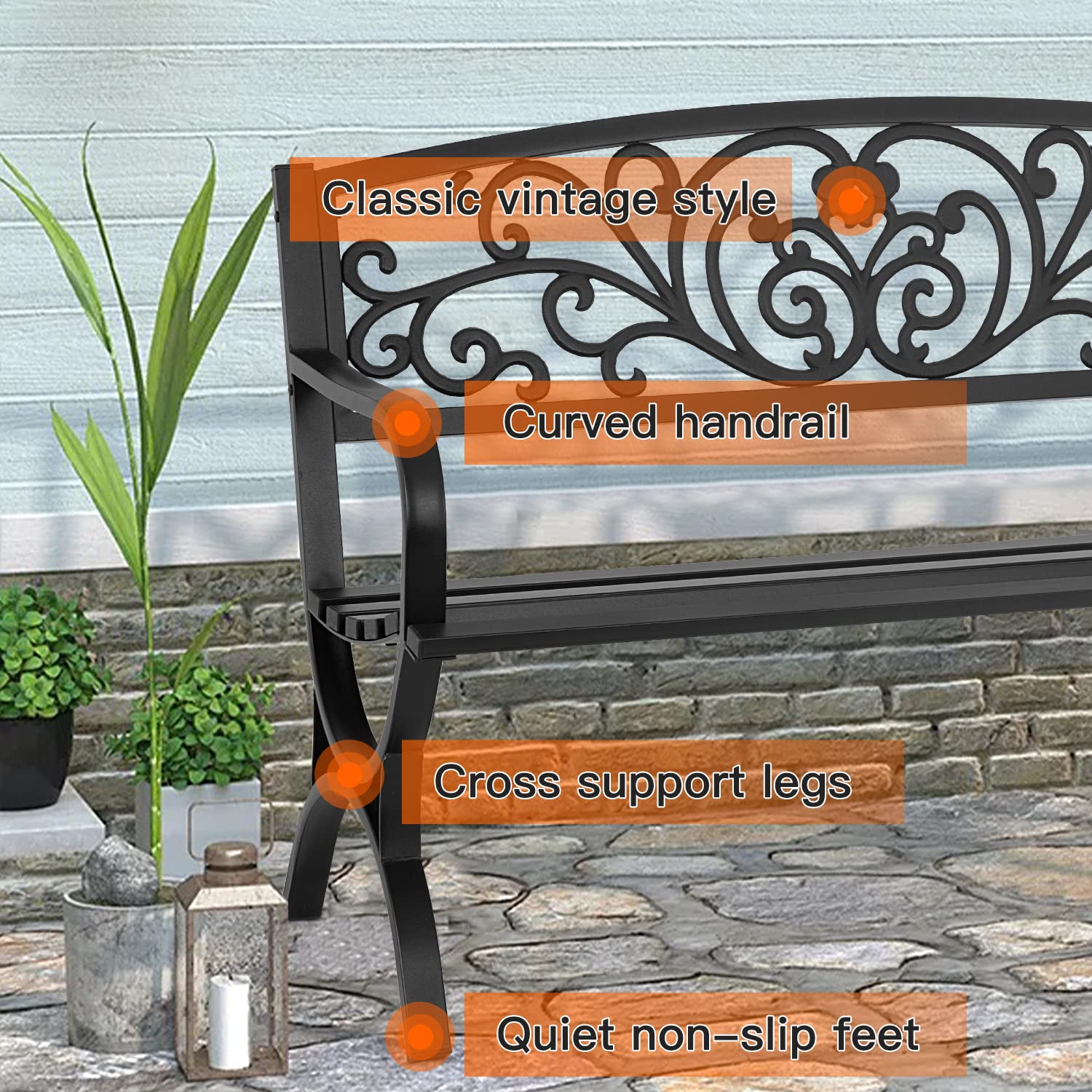 50-Inch Outdoor Metal Bench with Floral Backrest