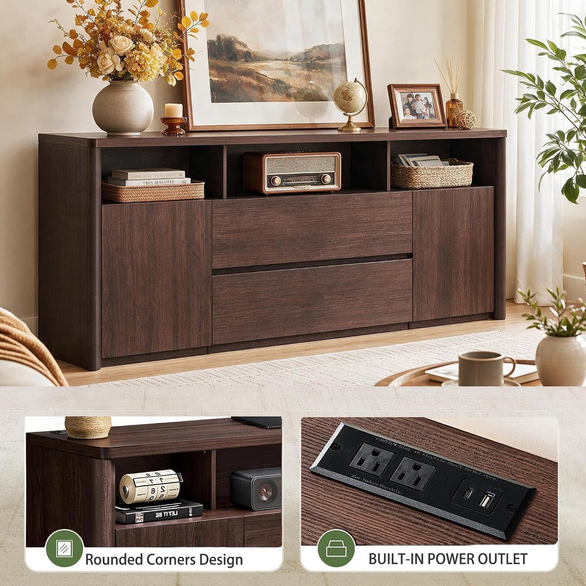 Walnut TV Stand with LED & Charging Station