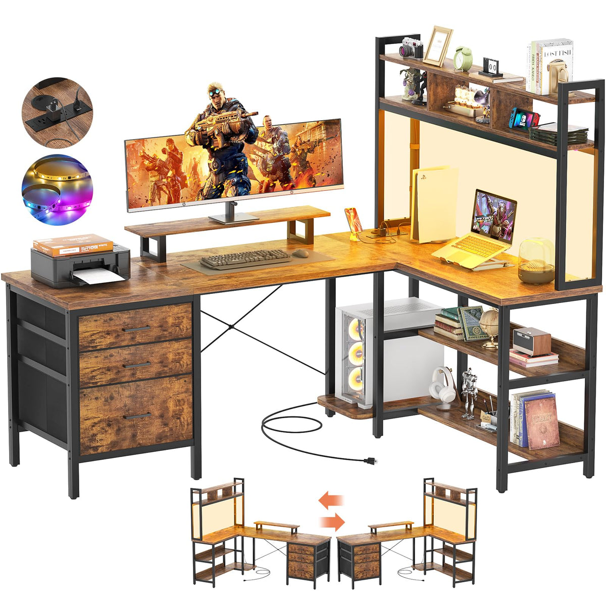 L-Shaped LED Desk with Hutch