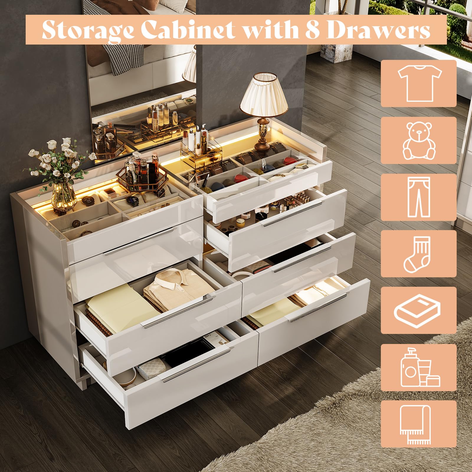 4-Piece Bedroom Furniture Set with Charging Nightstands, LED Dresser & Chest
