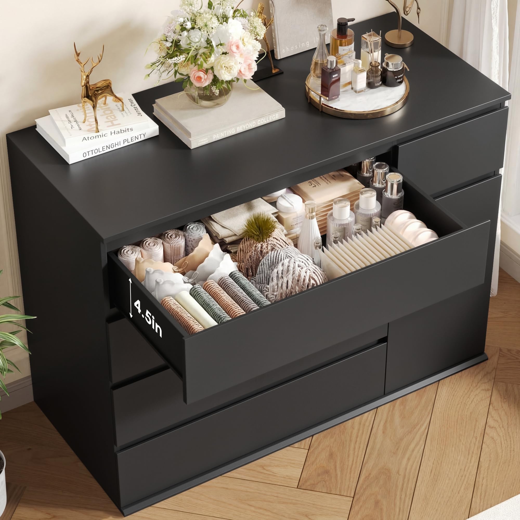 FOTOSOK 5 Drawer Dresser, Black Dresser for TV Stand, Double Wide Storage Chest of Drawers with Door, Deep Drawers and Wide Storage Space