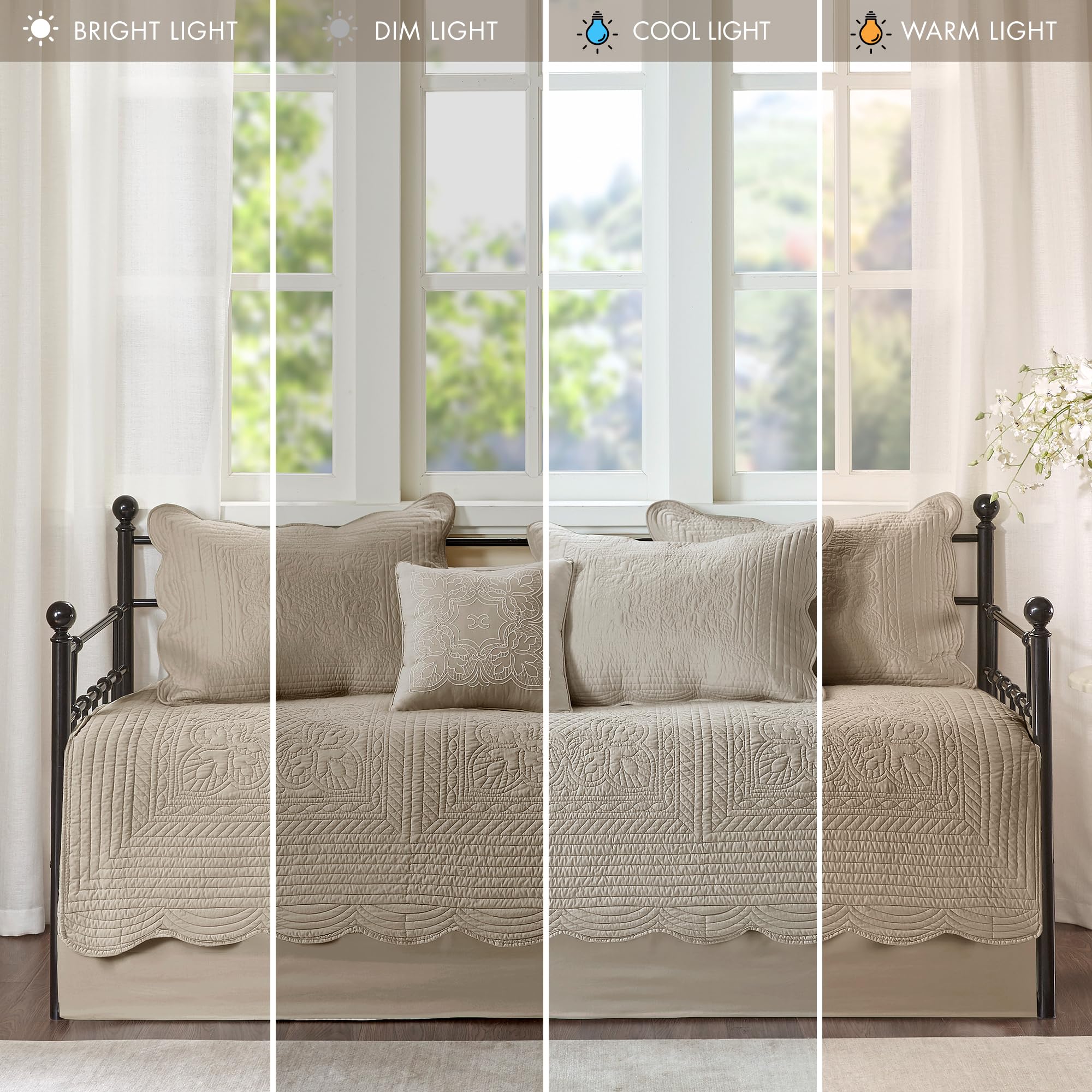 6-Piece Damask Quilted Daybed Cover Set with Scalloped Edge | All Season