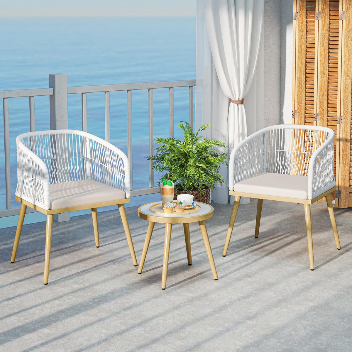 Tangkula 3 Pieces Patio Bistro Set, Outdoor PE Wicker Conversation Furniture Set with Cushions, Tempered Glass Coffee Table and Galvanized Metal Frame, Outdoor Rattan Chair Set for Porch, Balcony