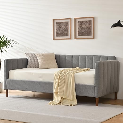 Twin Upholstered Daybed with Adjustable Backrest & Wood Slats