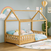 Twin Size Montessori House Bed Frame with Guardrails