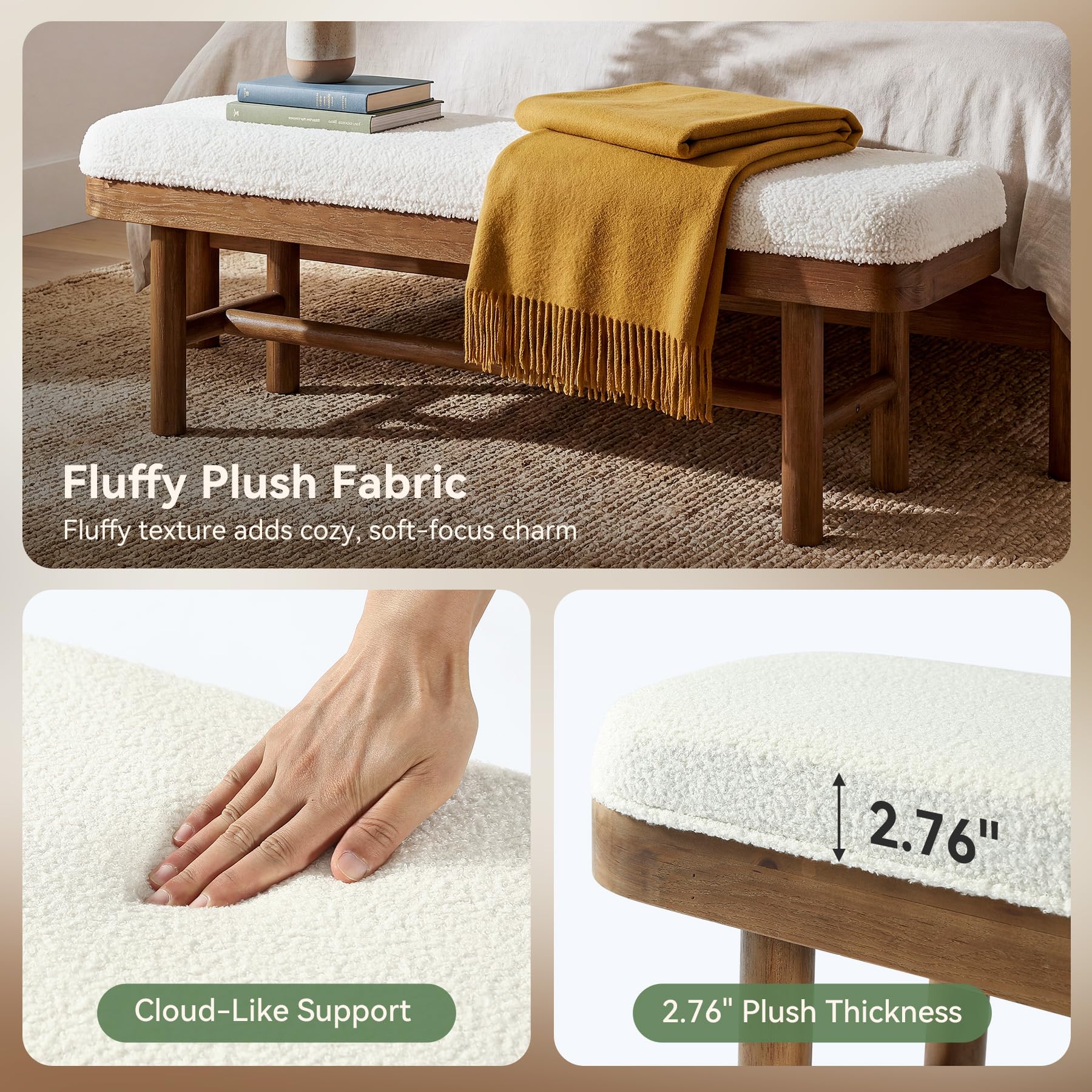 TRIBEWOOD 55" Upholstered Bedroom Bench, Solid Wood End of Bed Bench, Modern Indoor Bench with Cushion for Bedroom, Living Room, White & Brown