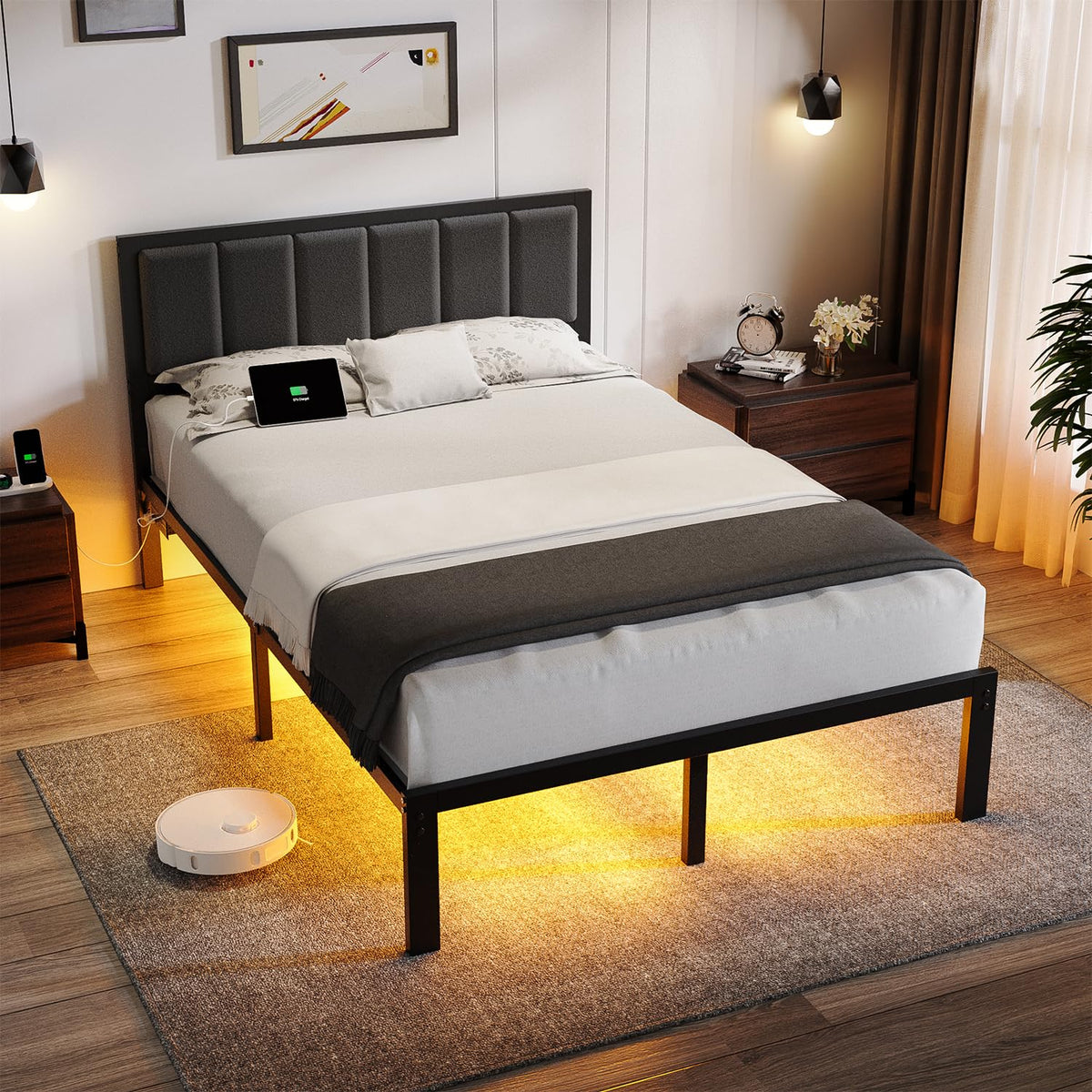 Full LED Bed Frame with Charging Ports