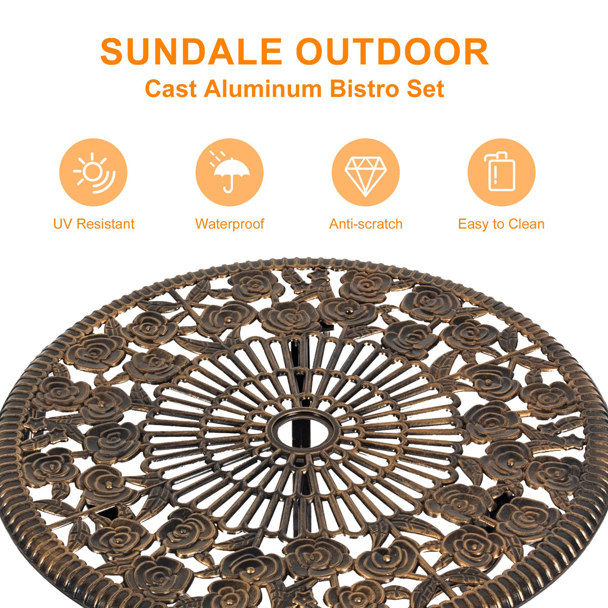 Sundale Outdoor Bistro Set of 3, Patio Conversation Set with Umbrella Hole for Balcony Cast Aluminum All Weather Resistant Antique Finish Patio Porch Yard Bronze Rose