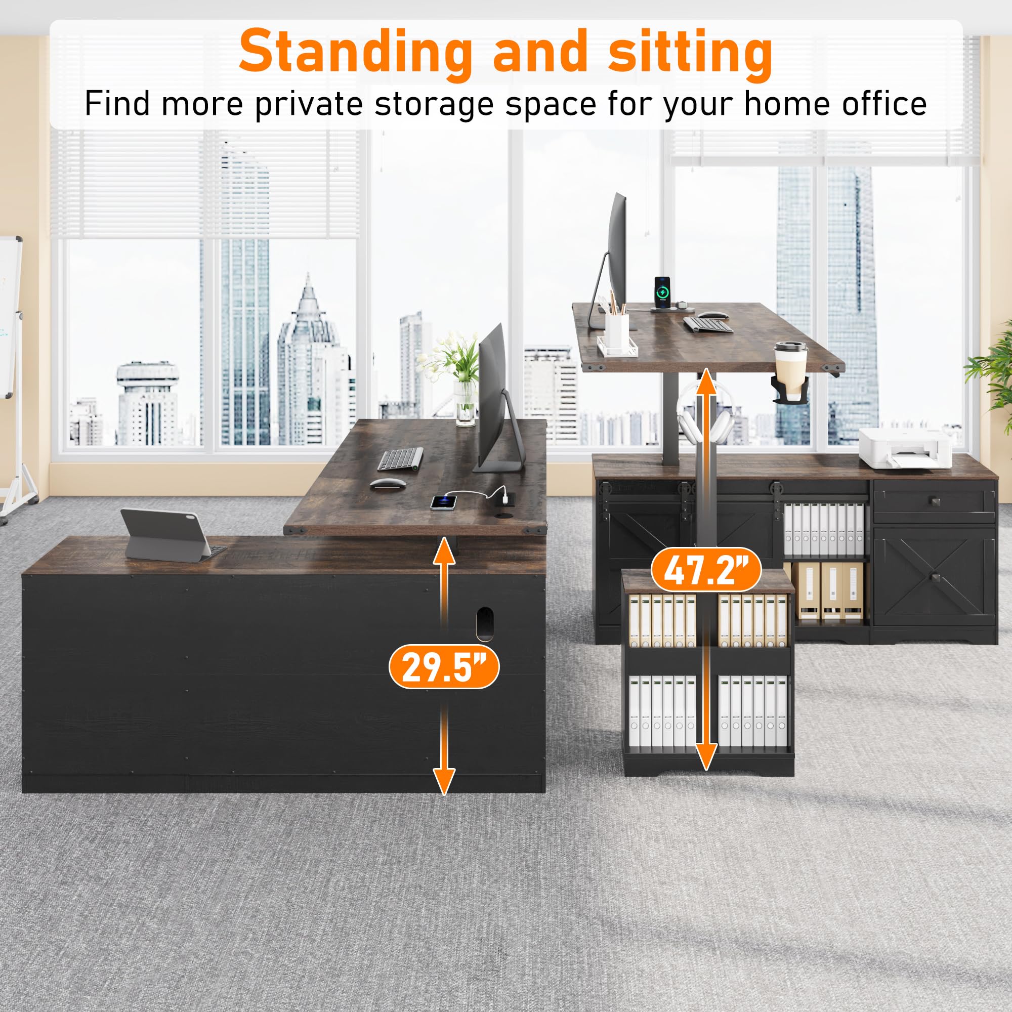 St.Mandyu 63" Farmhouse L Shaped Electric Standing Desk with Sliding Door Storage, Height Adjustable Sit Stand Corner Computer Desk with Power Outlets, Drawers & Cup Holder for Home Office, Black