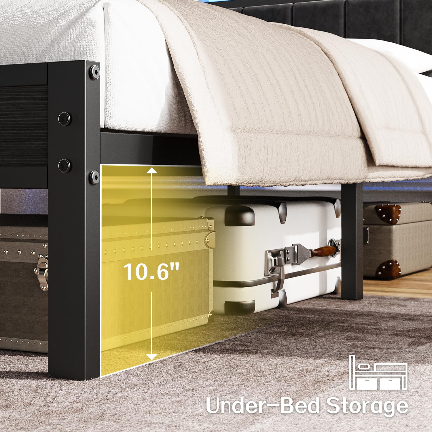 OLEVS Full Size Bed Frame with LED Lights & Charging Station, Modern Platform Bed with Upholstered Storage Headboard, No Box Spring Needed Easy Assembly