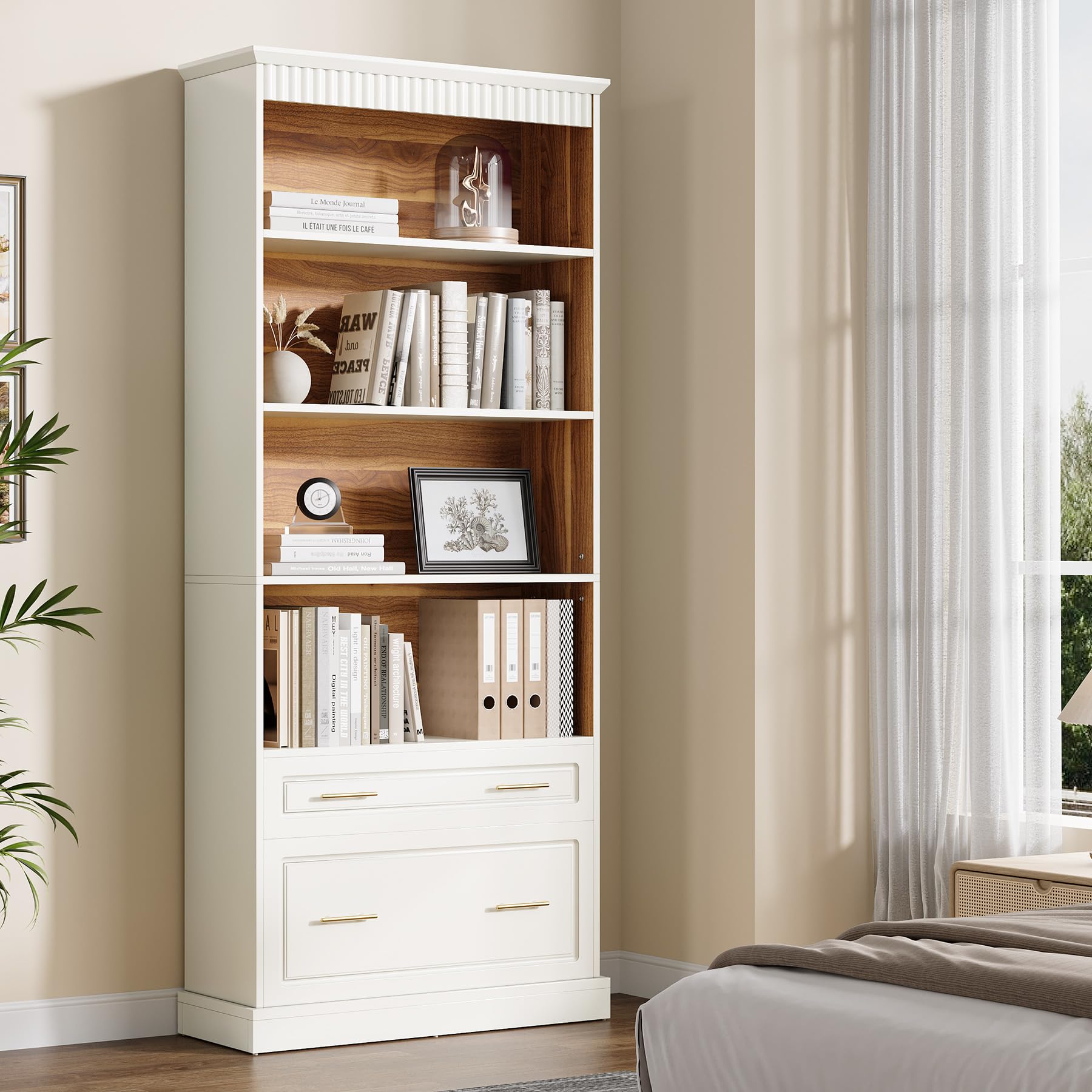 Tribesigns 5-Shelf Bookcase with File Cabinet Drawer, 72" Tall Bookshelf, Modern Free-Standing Wood Bookcase, Large Open Display Storage Book Shelf for Living Room (1, White)