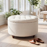 28" Round Storage Ottoman with Wooden Legs – White