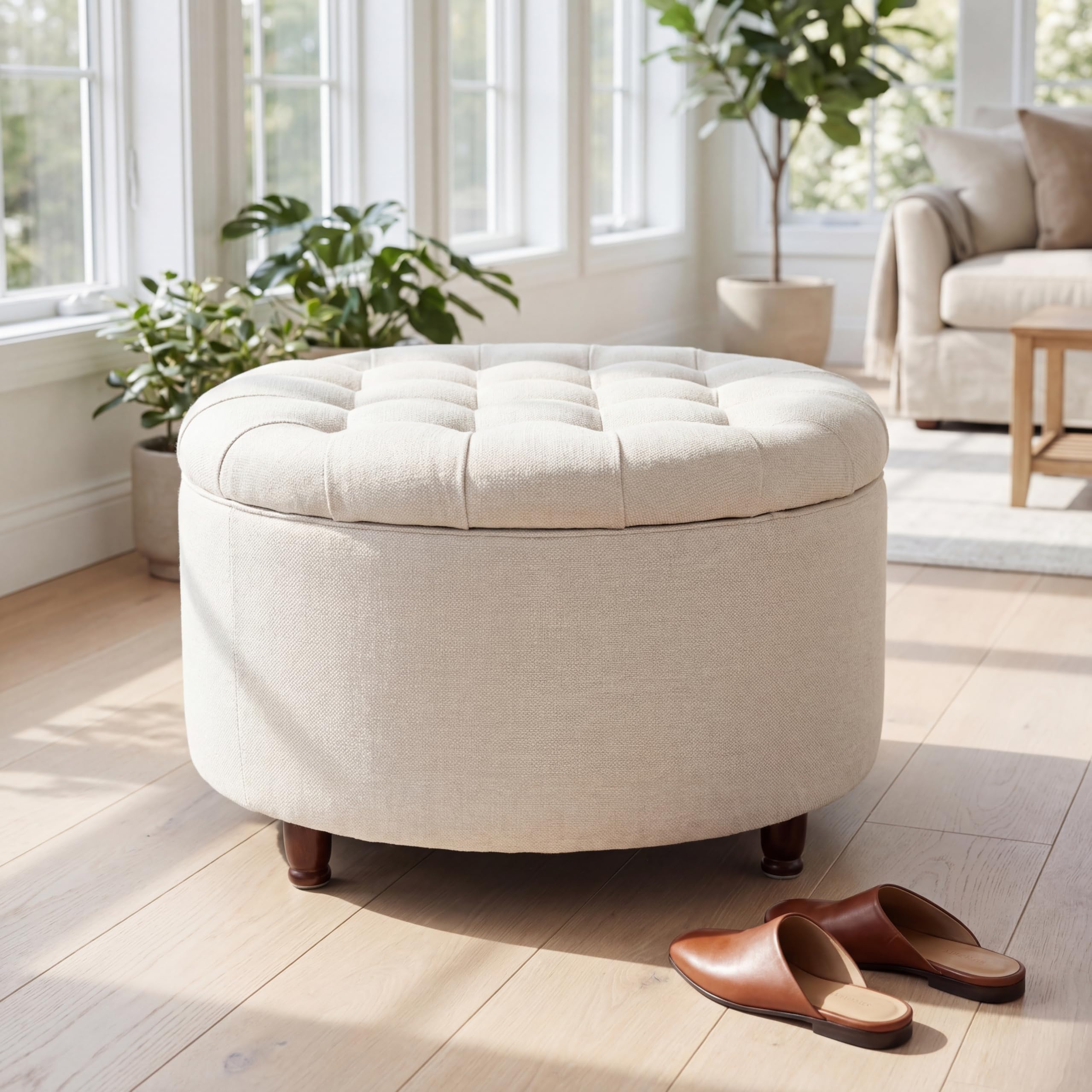 28" Round Storage Ottoman with Wooden Legs – White