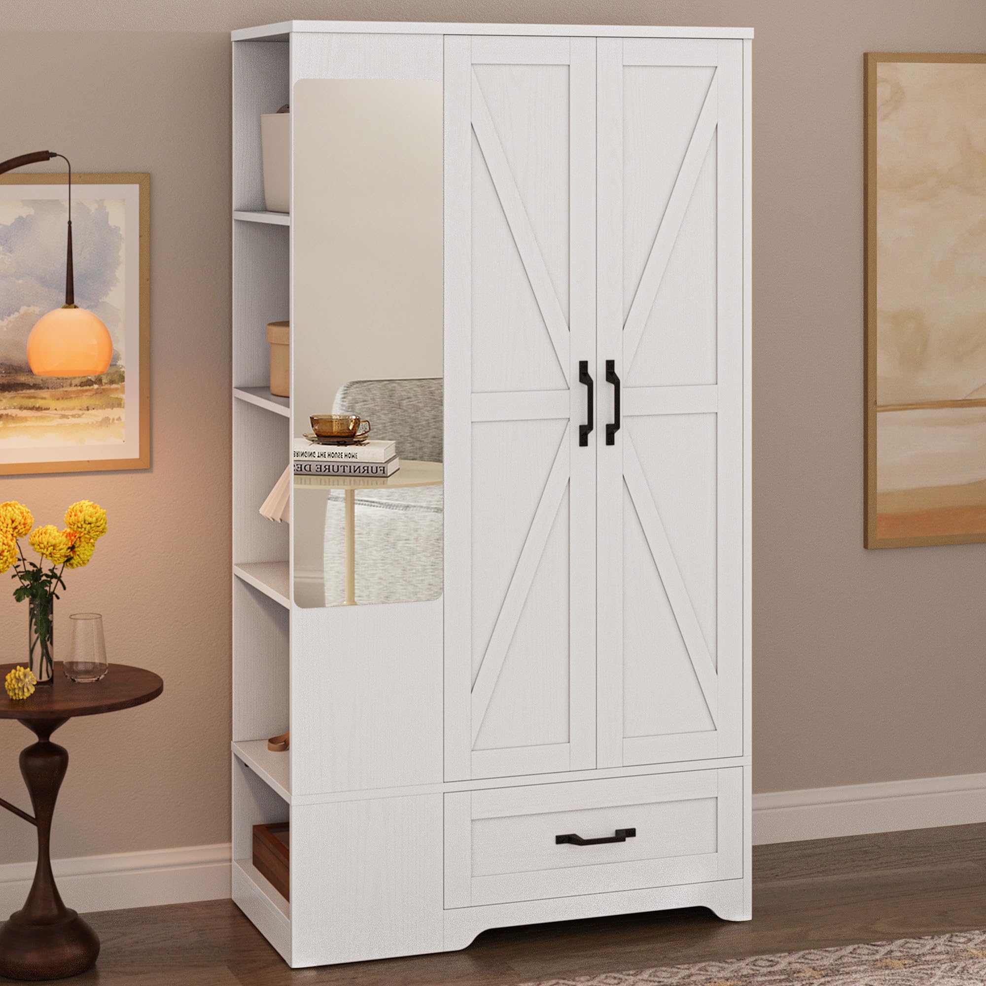 Tall Wardrobe Closet with Mirror & Barn Doors