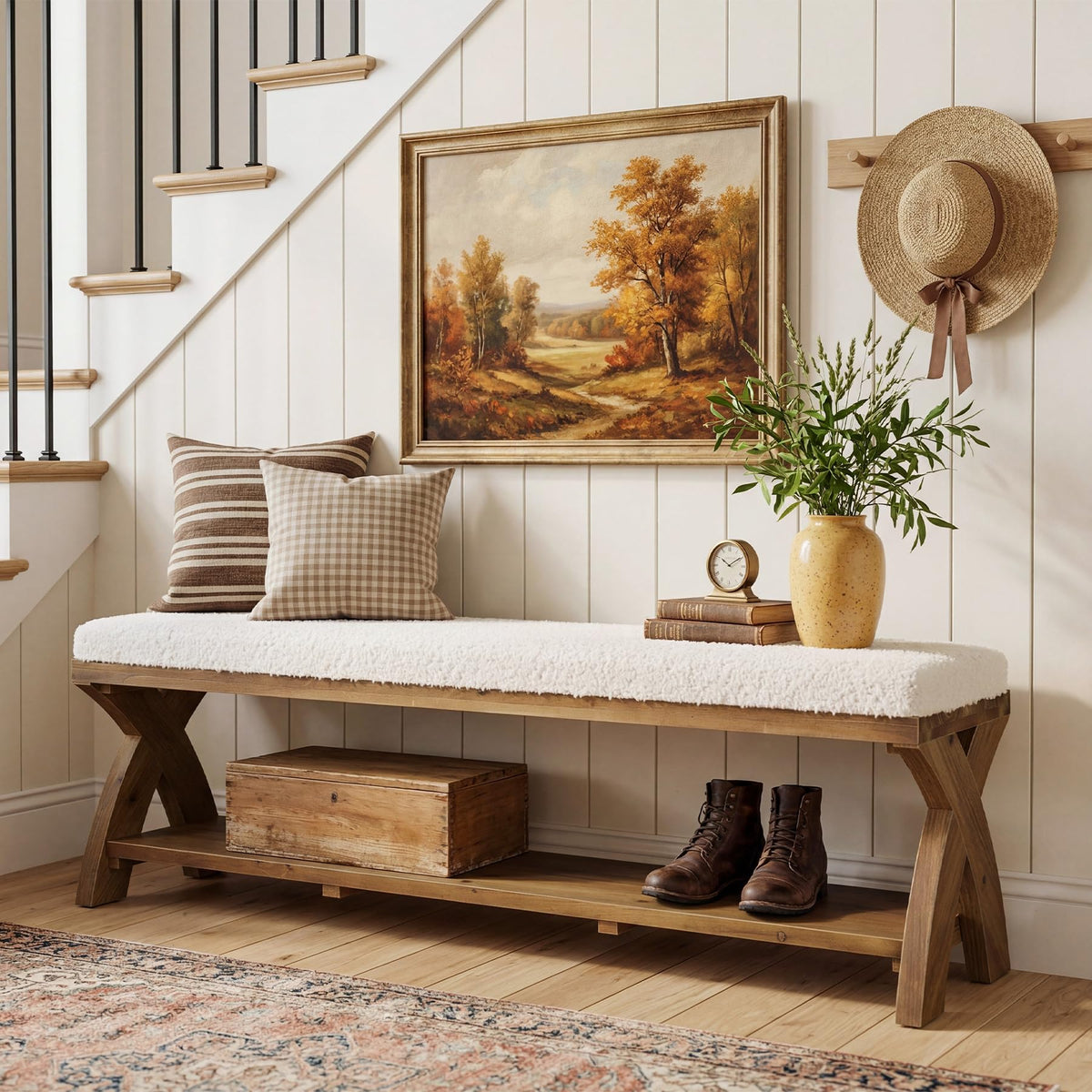 Upholstered Wood Shoe Storage Bench
