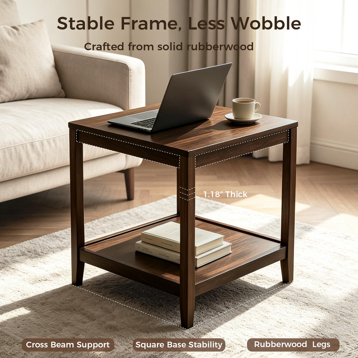 Kelvorvin Square Side Table, Solid Wood End Table 2-Tier Small Coffee Table
