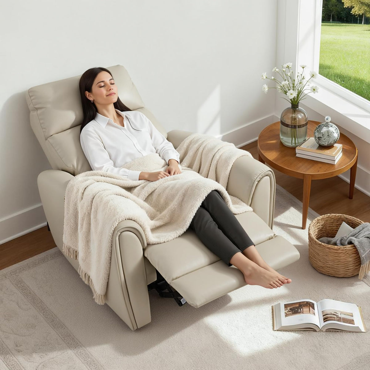 MCombo Small Zero Wall Hugger Power Recliner for Small Space, Leather PR699