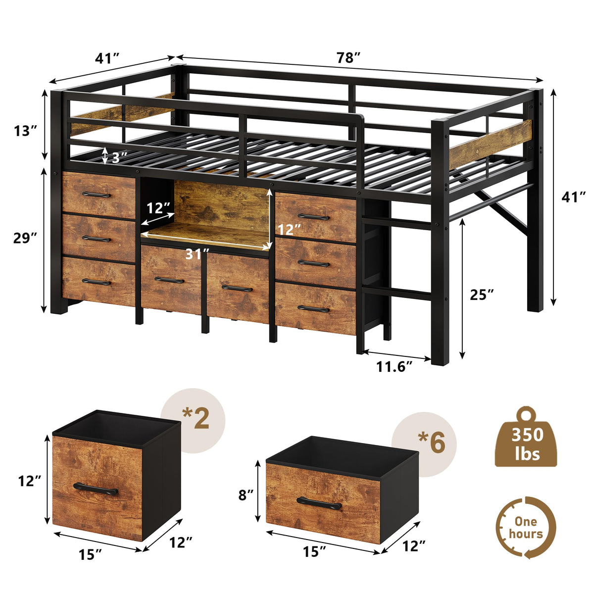 Feonase Low Loft Bed Twin Size with 8 Storage Drawers, Twin Loft Bed with Bookcase, Metal Kids Loft Bed with 13" H Safety Guardrail, Under-Bed Play Space and Play Curtain for Kids, Rustic Brown