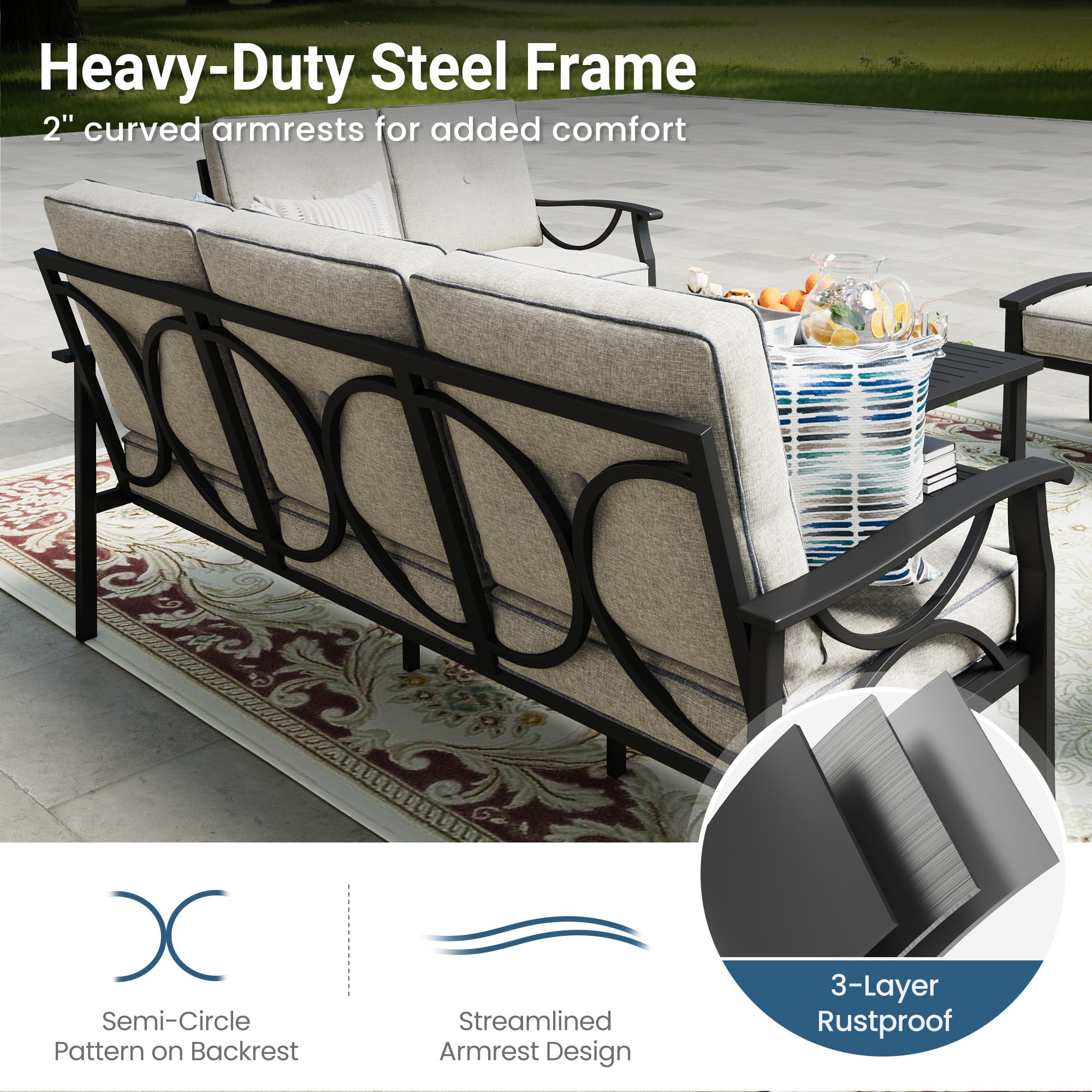 Outdoor Patio Loveseat with Cushions, Black Steel Frame