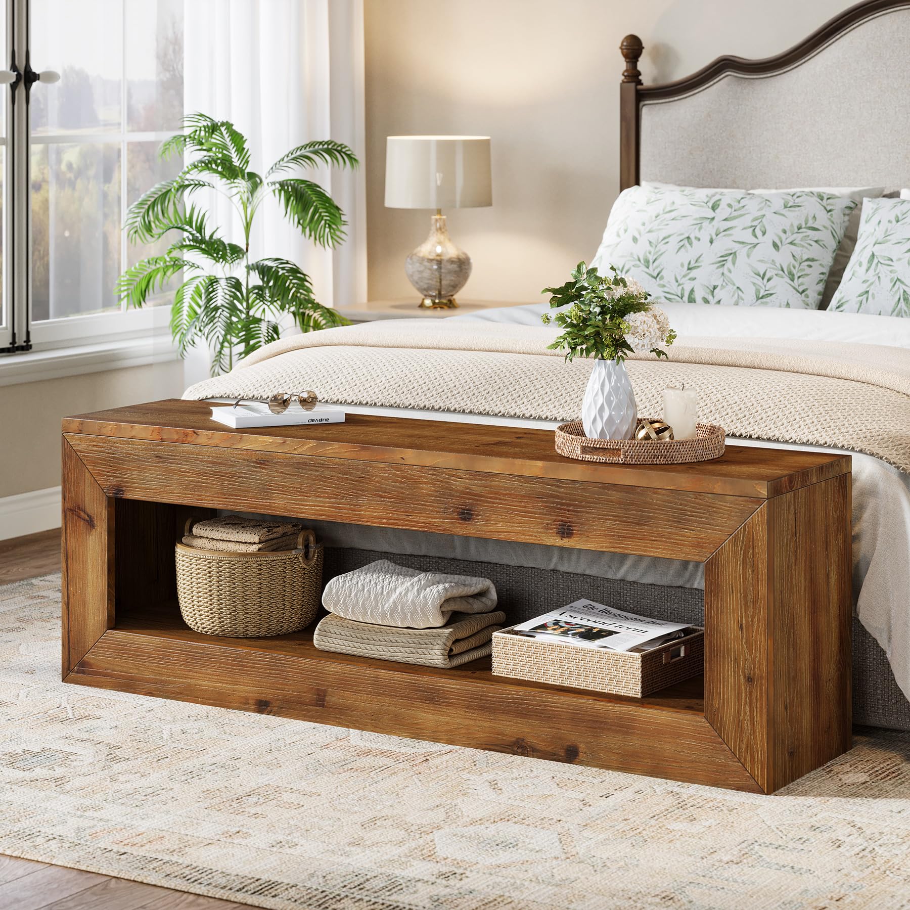 TRIBEWOOD Solid Wood Entryway Bench, 47" Rustic Farmhouse Indoor Bench Seat with Storage Shelf for Entrance, Hallway, End of Bed