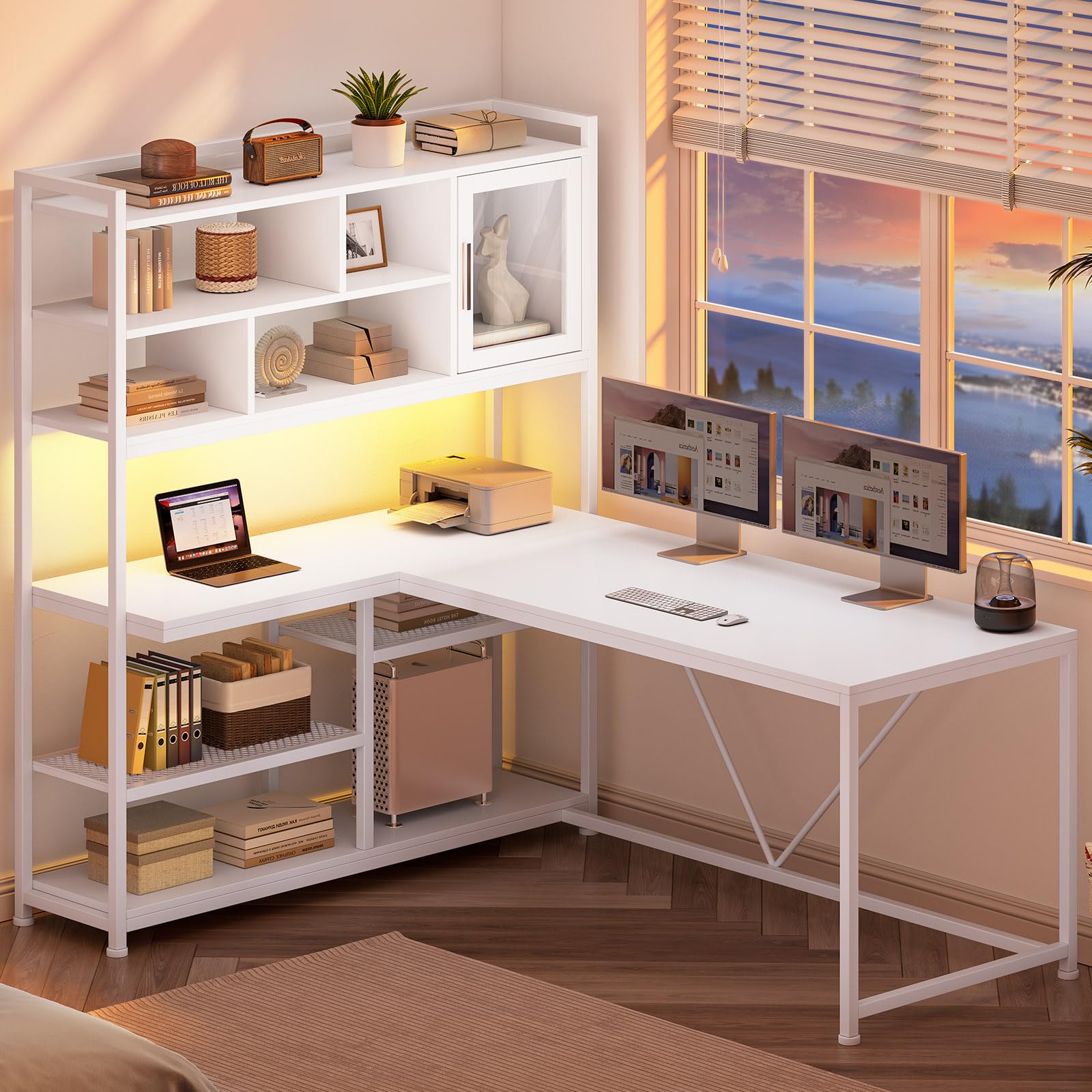 L-Shaped Desk with Bookshelf & LED Light Strips, 58"