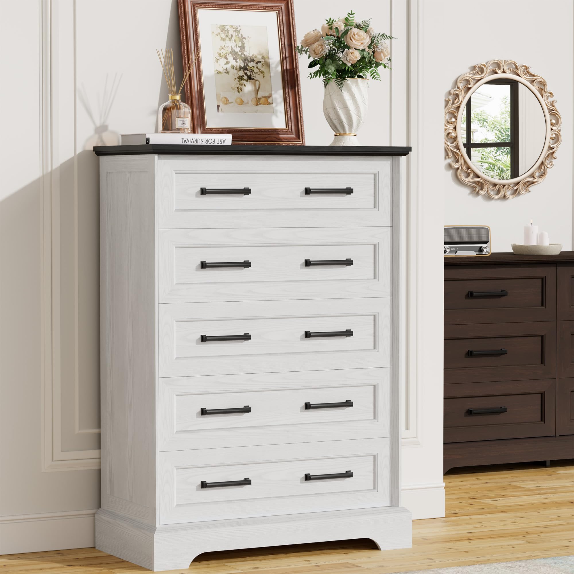 Furmax Farmhouse Dresser for Bedroom, 5 Drawers Dresser, Wood Chest of Drawers, 31.5" Wide Storage Dressers Organizer for Bedroom, Living Room (White and Black)