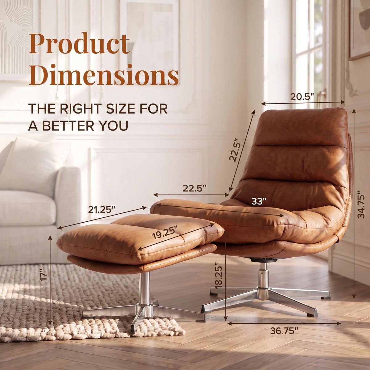 HNY Brown Swivel Lounge Chair with Ottoman Modern PU Leather Accent Chair with Footrest 33'' Wide Oversized Armless Upholstered Reading Chair with Footstool for Living Room Bedroom Comfy