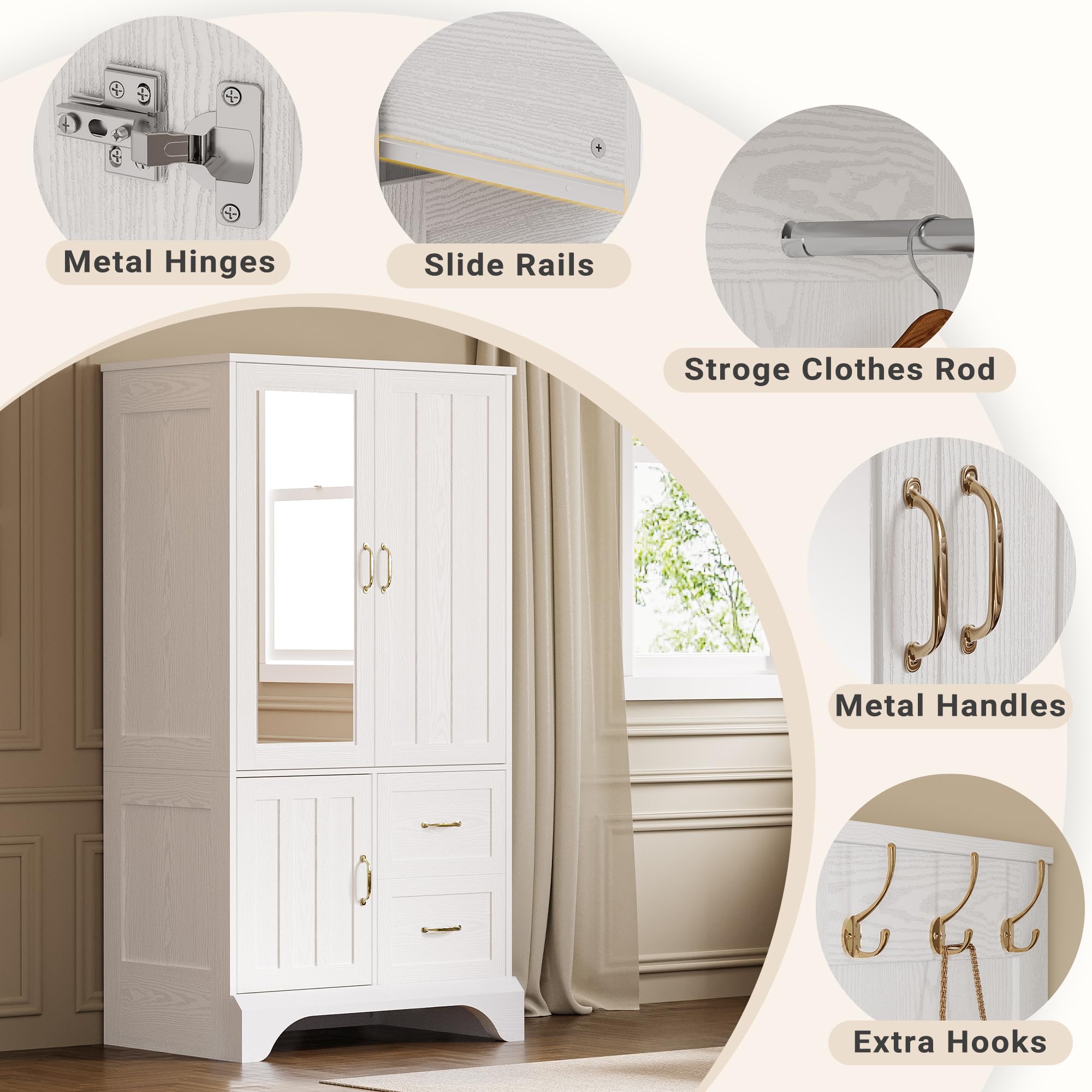 3-Door Wardrobe Armoire with Mirror & Drawers