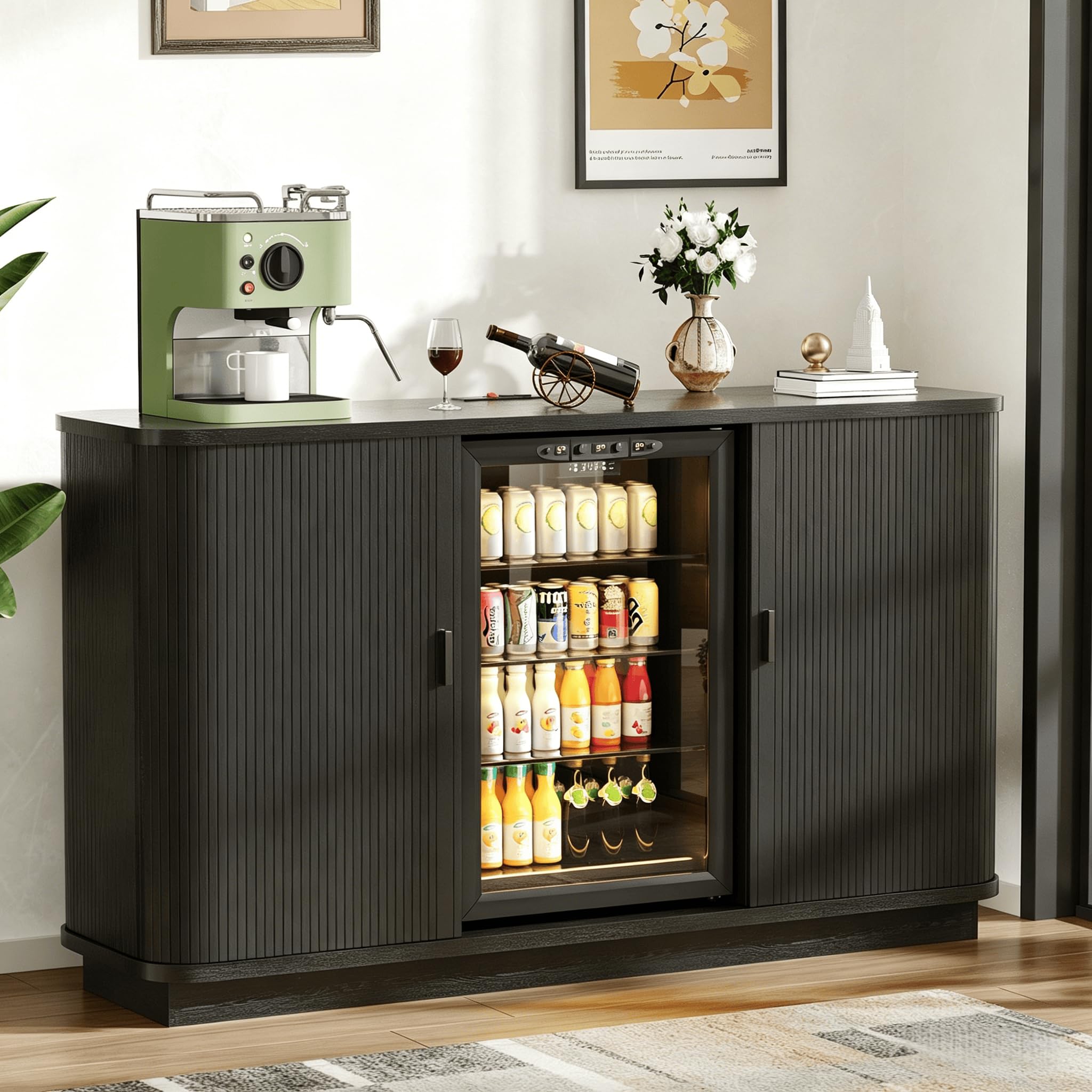 Lurinthal Coffee Bar Cabinet with Fridge Space, Liquor Wine Bar Cabinets with Wine Rack and Glass Holder, Mini Fridge Cabinet with Storage, Fluted Buffet Sideboard for Living Room, Home, Kitchen