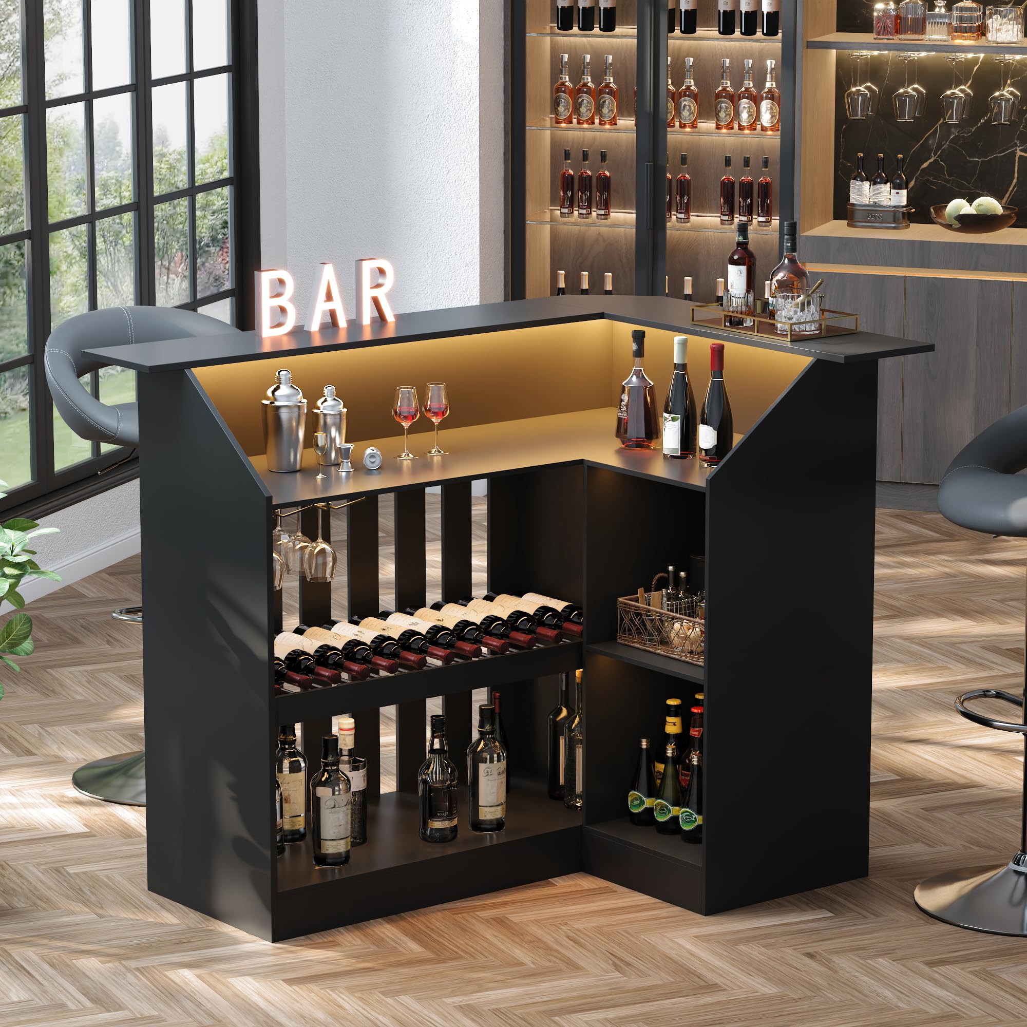 L-Shaped Bar Cabinet with LED Light