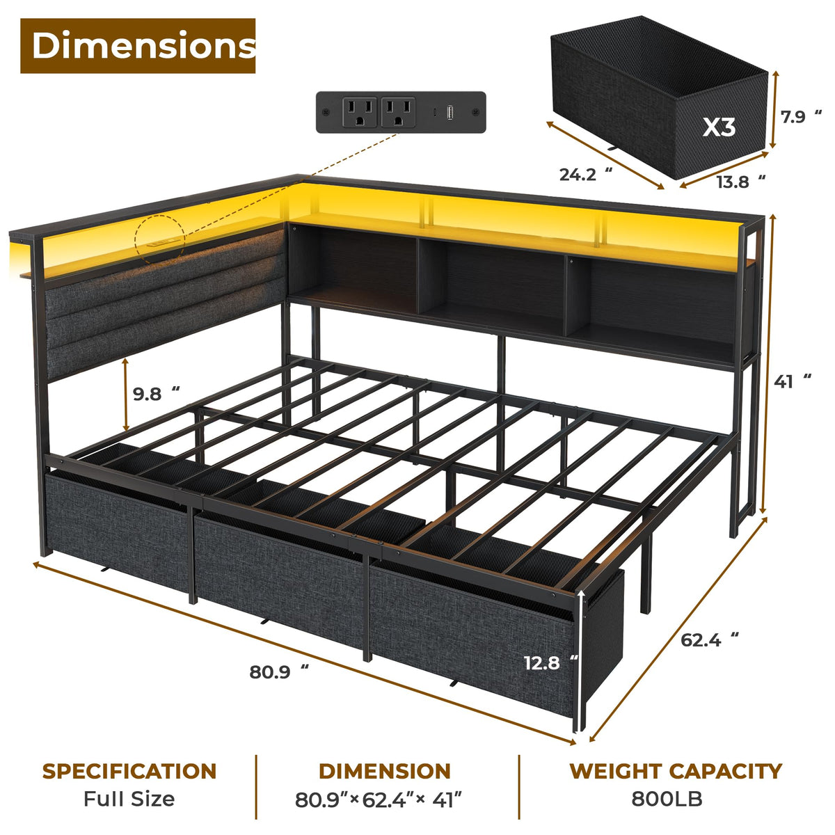 Full Corner Storage Bed with LED Lights