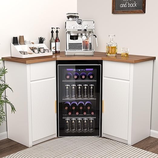 Corner Bar Cabinet with Fridge Space & Storage